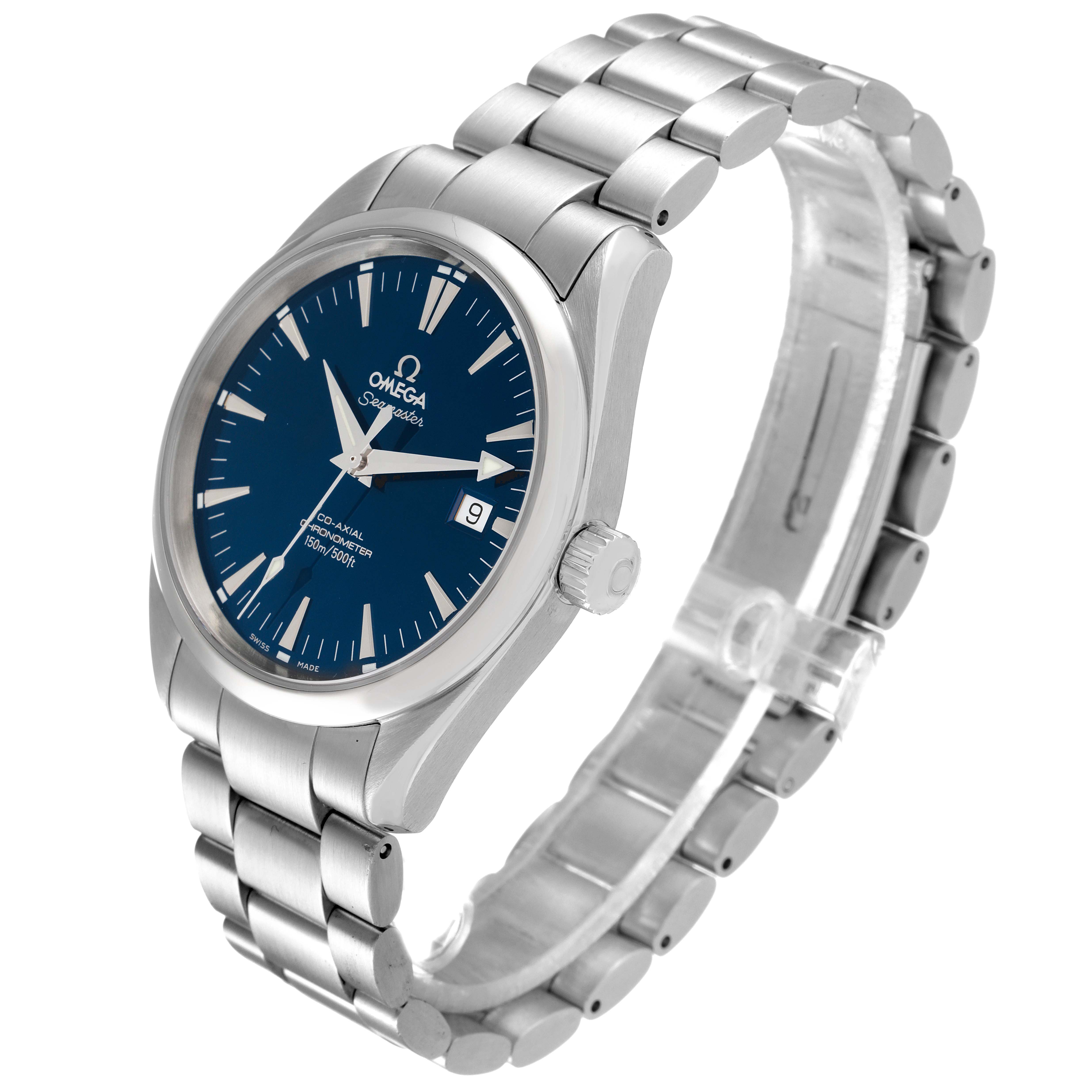 This image shows an angled view of the Omega Aqua Terra 2503.80.00 Men's Stainless Steel Blue Dial 2503.80.00 Men's Stainless Steel Blue Dial watch, displaying its blue dial and metal bracelet.