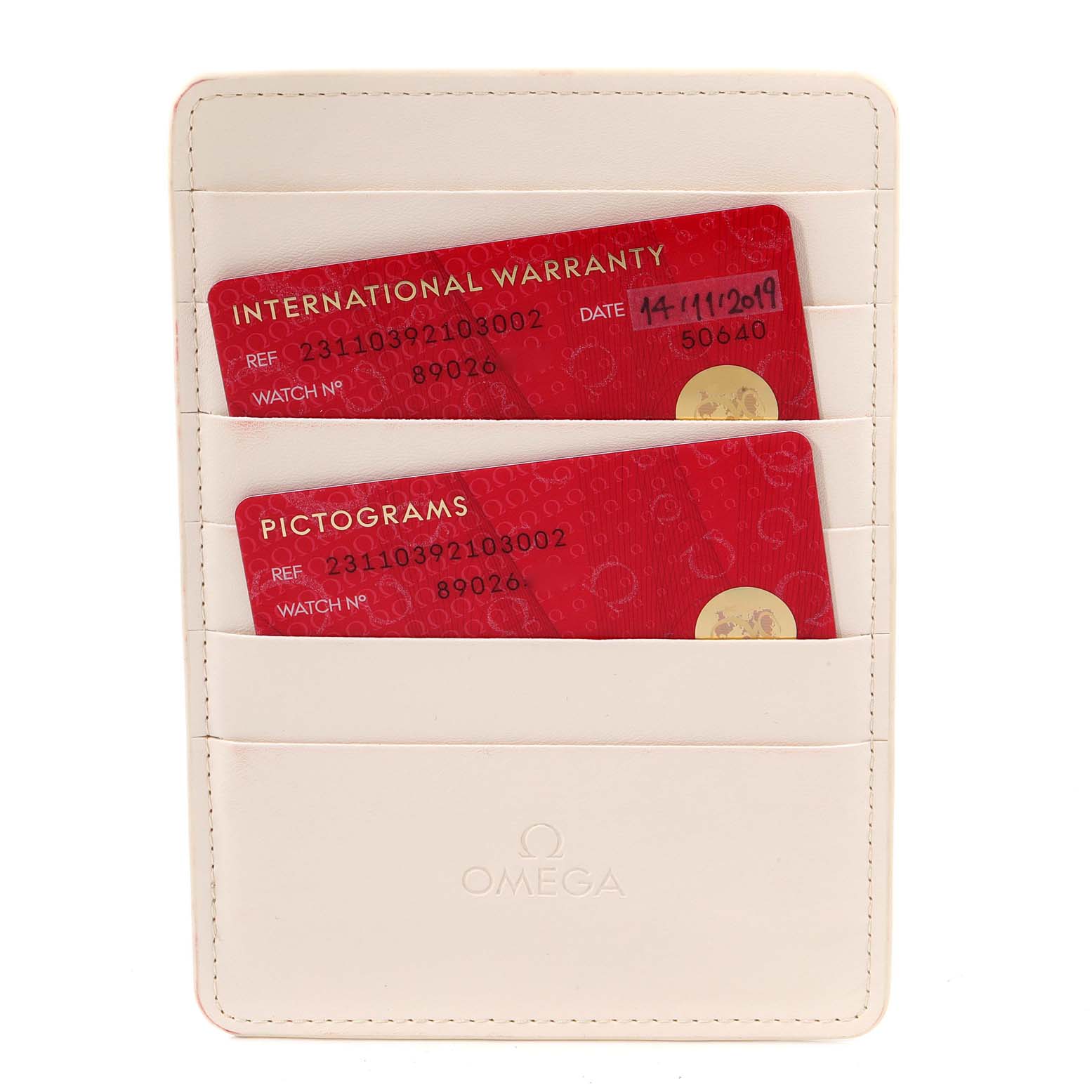 The image shows warranty and pictogram cards for the Omega Aqua Terra 231.10.39.21.03.002 Men's Stainless Steel Blue Dial 231.10.39.21.03.002 Men's Stainless Steel Blue Dial model inside a white cardholder.