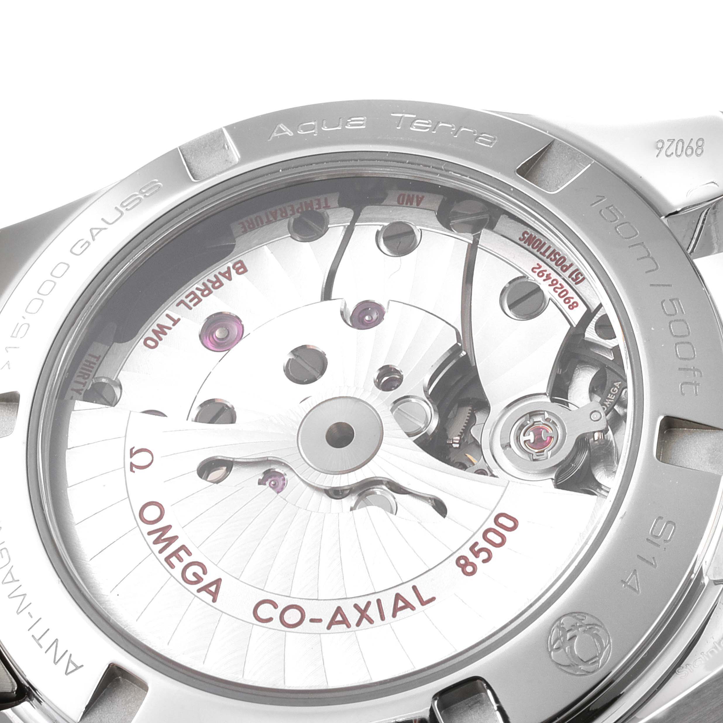 The image shows the back view of the Omega Aqua Terra 231.10.39.21.03.002 Men's Stainless Steel Blue Dial 231.10.39.21.03.002 Men's Stainless Steel Blue Dial watch, highlighting the co-axial 8500 movement.