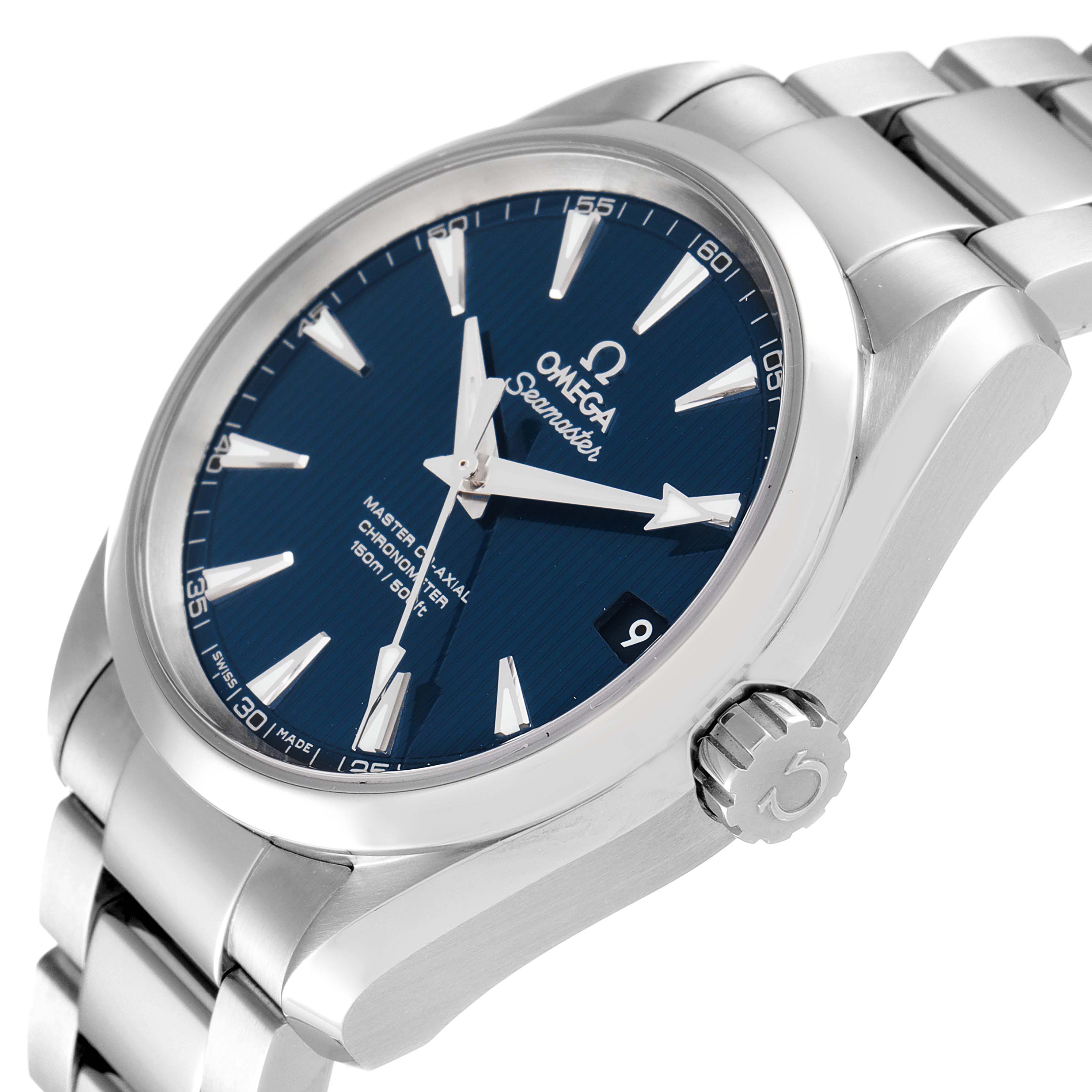 The image shows an angled view of the Omega Aqua Terra 231.10.39.21.03.002 Men's Stainless Steel Blue Dial 231.10.39.21.03.002 Men's Stainless Steel Blue Dial watch featuring its face, bezel, crown, and part of the bracelet.