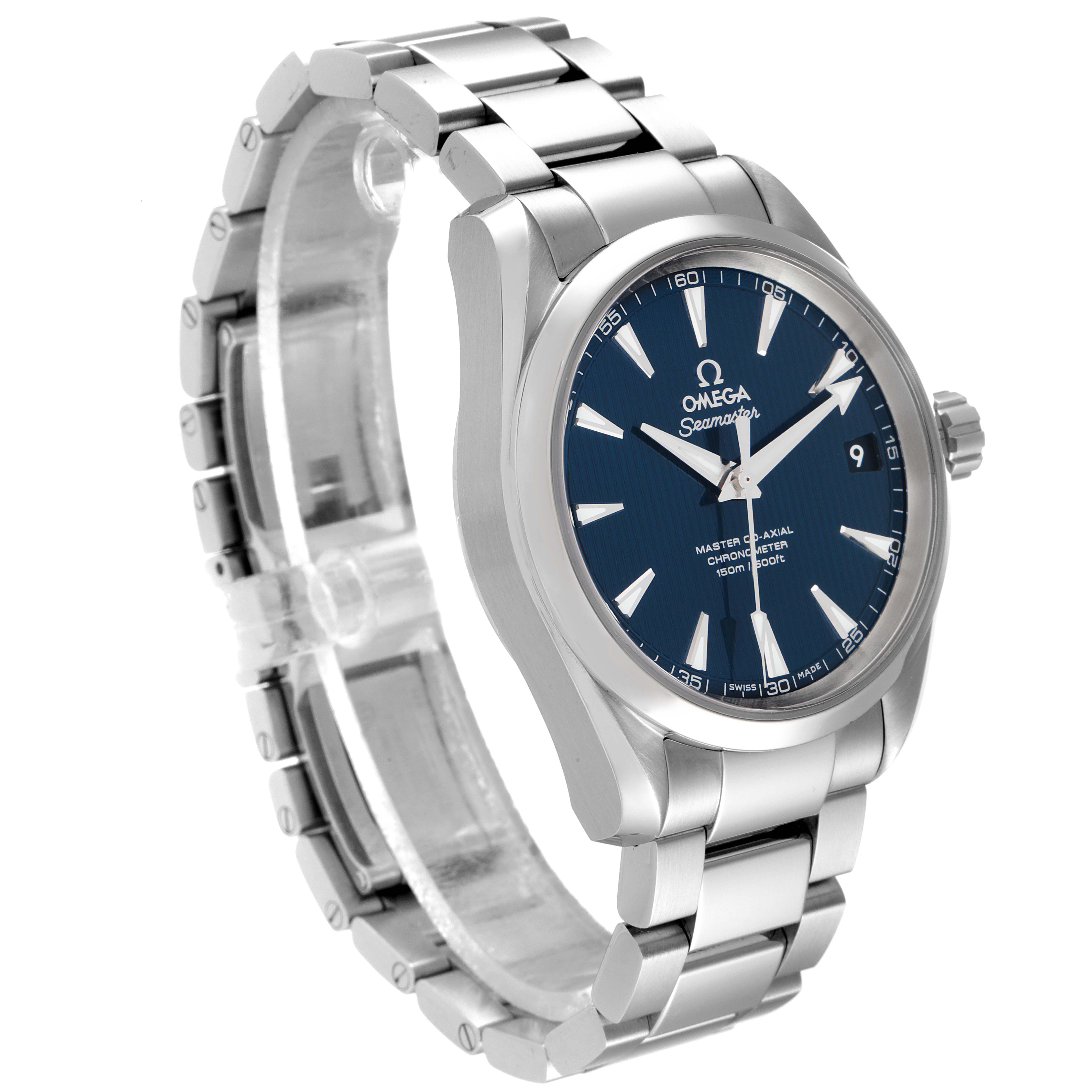 The Omega Aqua Terra 231.10.39.21.03.002 Men's Stainless Steel Blue Dial 231.10.39.21.03.002 Men's Stainless Steel Blue Dial watch is shown at a 3/4 angle, highlighting its face, bezel, crown, and metal bracelet.