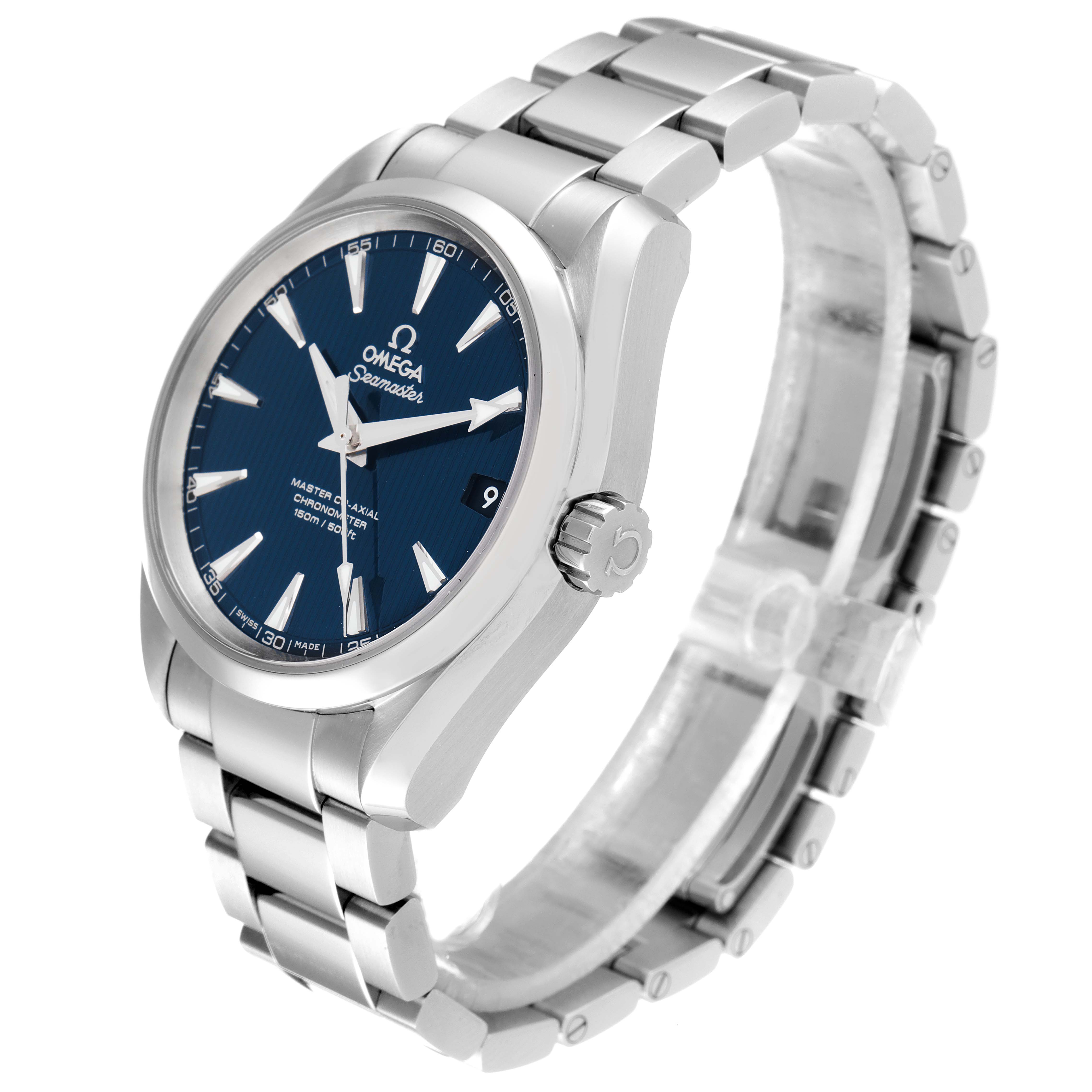 The Omega Aqua Terra 231.10.39.21.03.002 Men's Stainless Steel Blue Dial 231.10.39.21.03.002 Men's Stainless Steel Blue Dial watch is shown at a 3/4 angle, highlighting the blue dial, stainless steel case, and bracelet.