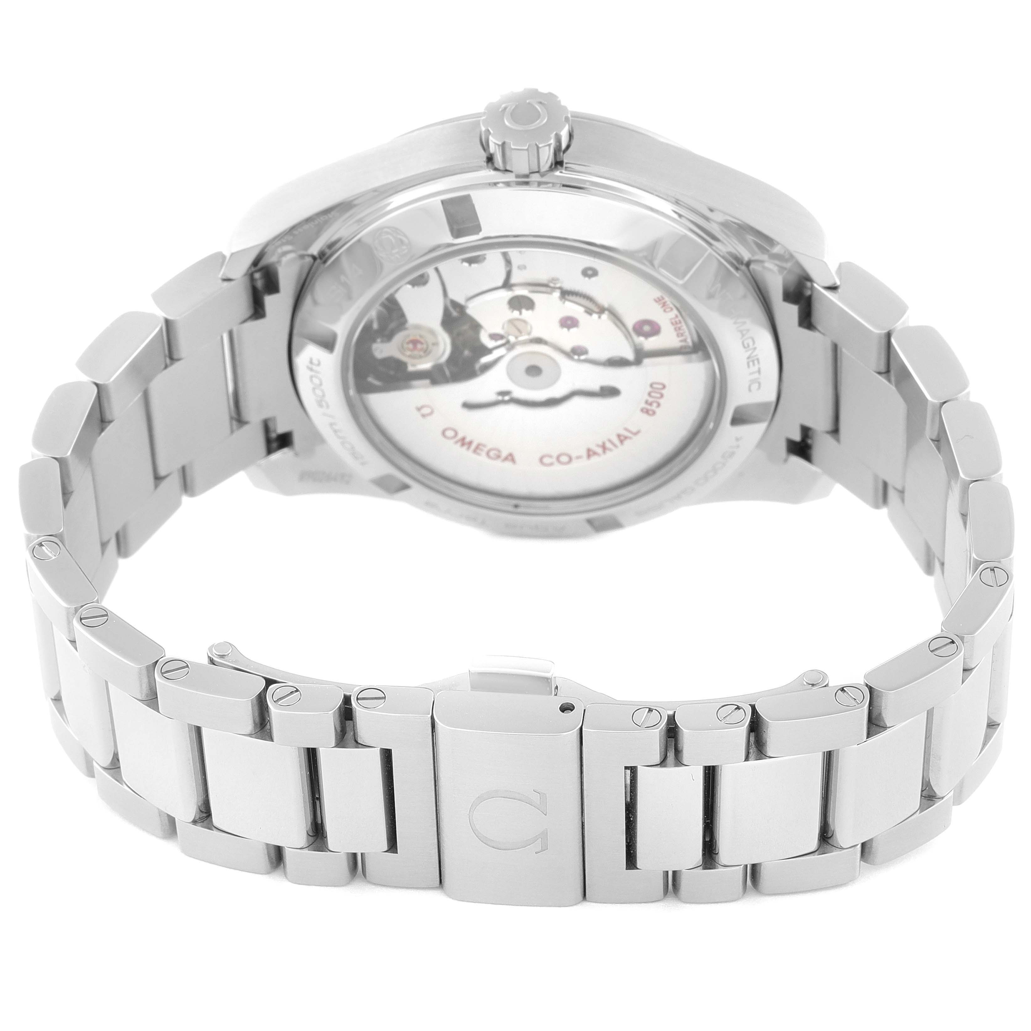 The image shows the back view and metallic bracelet of the Omega Aqua Terra 231.10.39.21.03.002 Men's Stainless Steel Blue Dial 231.10.39.21.03.002 Men's Stainless Steel Blue Dial watch, highlighting the movement through a transparent case back.