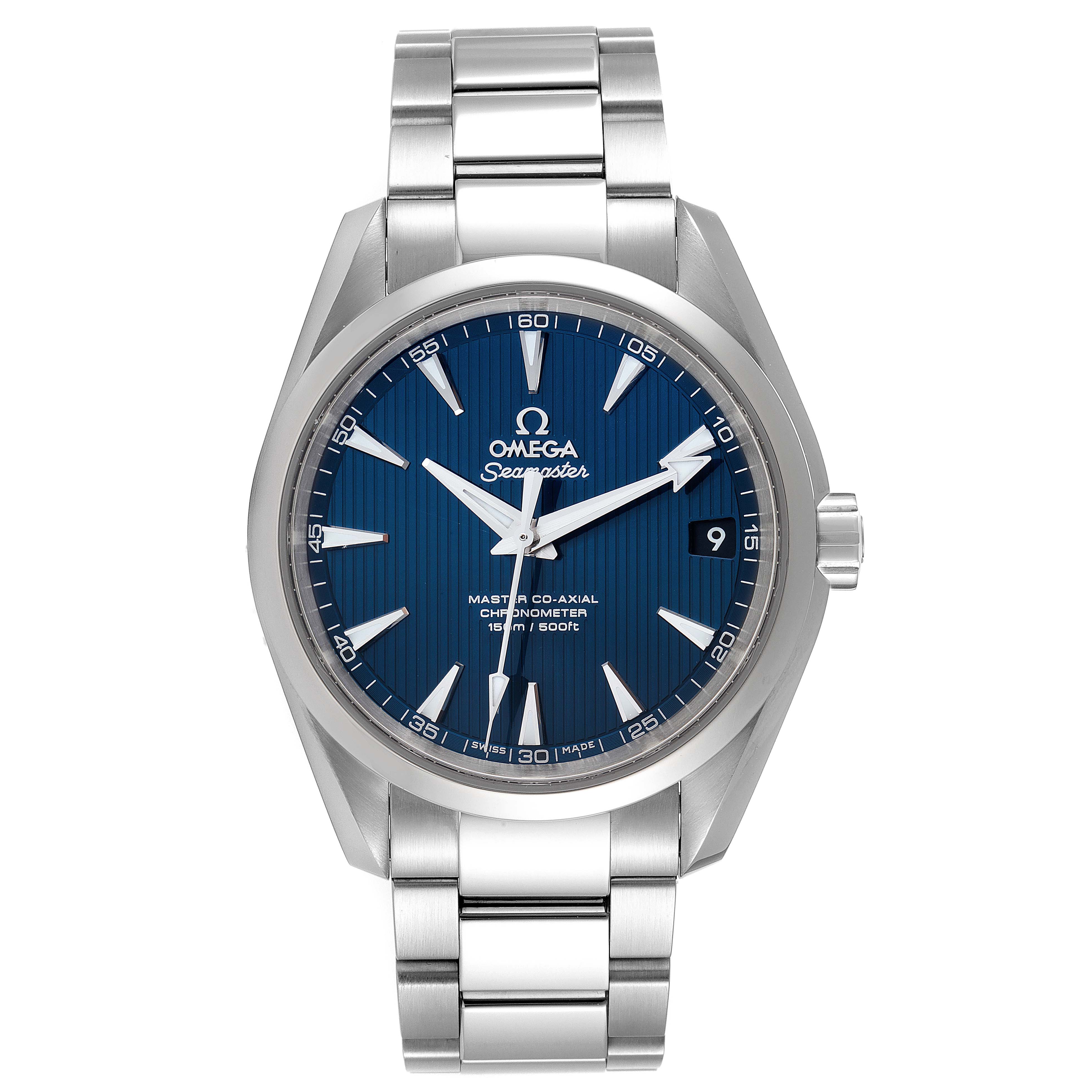 The image shows a front angle view of the Omega Aqua Terra 231.10.39.21.03.002 Men's Stainless Steel Blue Dial 231.10.39.21.03.002 Men's Stainless Steel Blue Dial watch, including its bracelet, dial, hands, and crown.