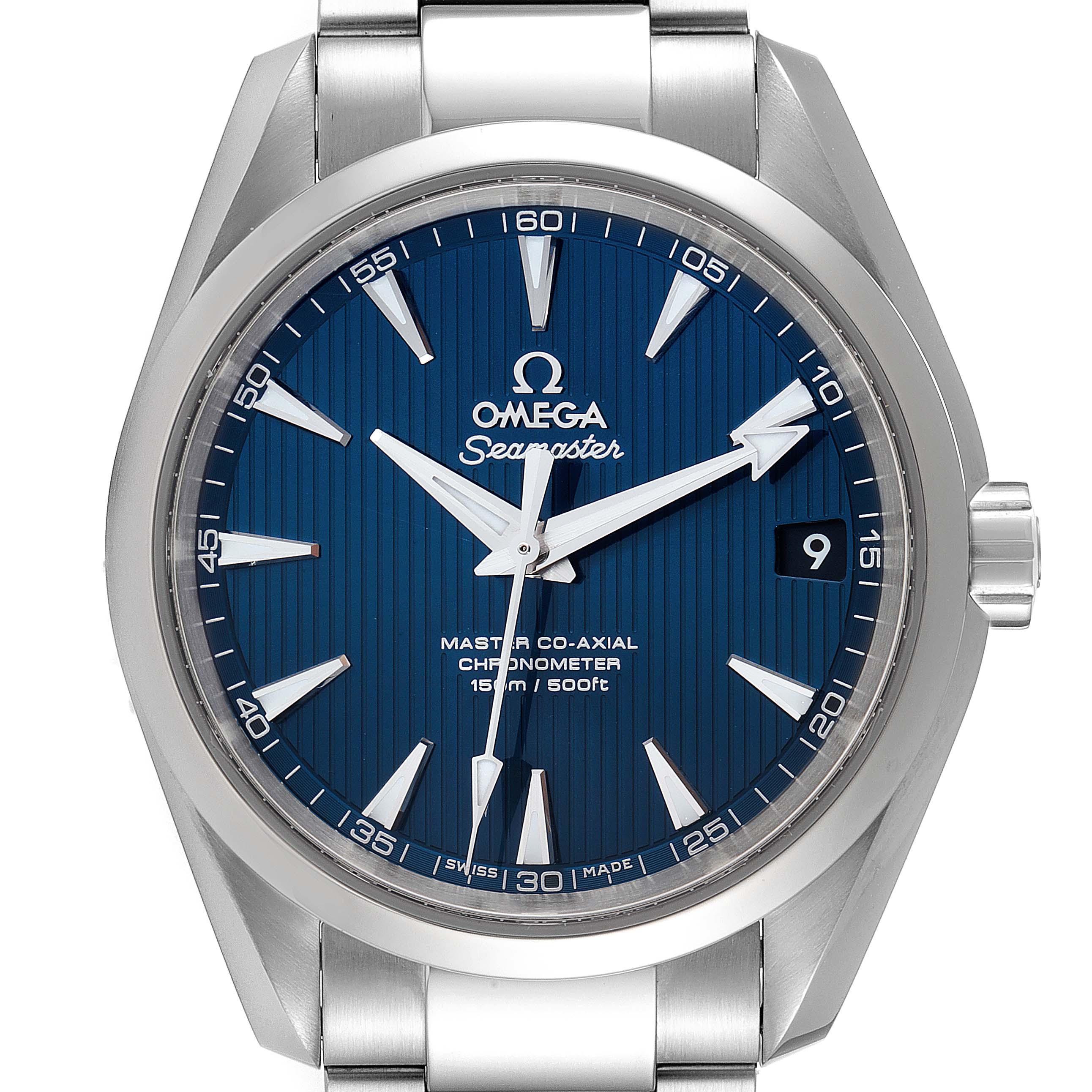 The image shows a front view of the Omega Aqua Terra 231.10.39.21.03.002 Men's Stainless Steel Blue Dial 231.10.39.21.03.002 Men's Stainless Steel Blue Dial watch, highlighting its blue dial, hands, hour markers, and bracelet.
