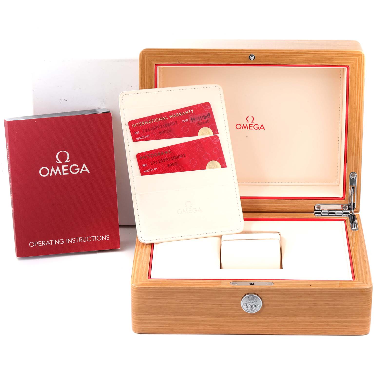 The image shows the Omega Aqua Terra 231.10.39.21.03.002 Men's Stainless Steel Blue Dial 231.10.39.21.03.002 Men's Stainless Steel Blue Dial watch box, warranty cards holder, and operating instructions booklet.