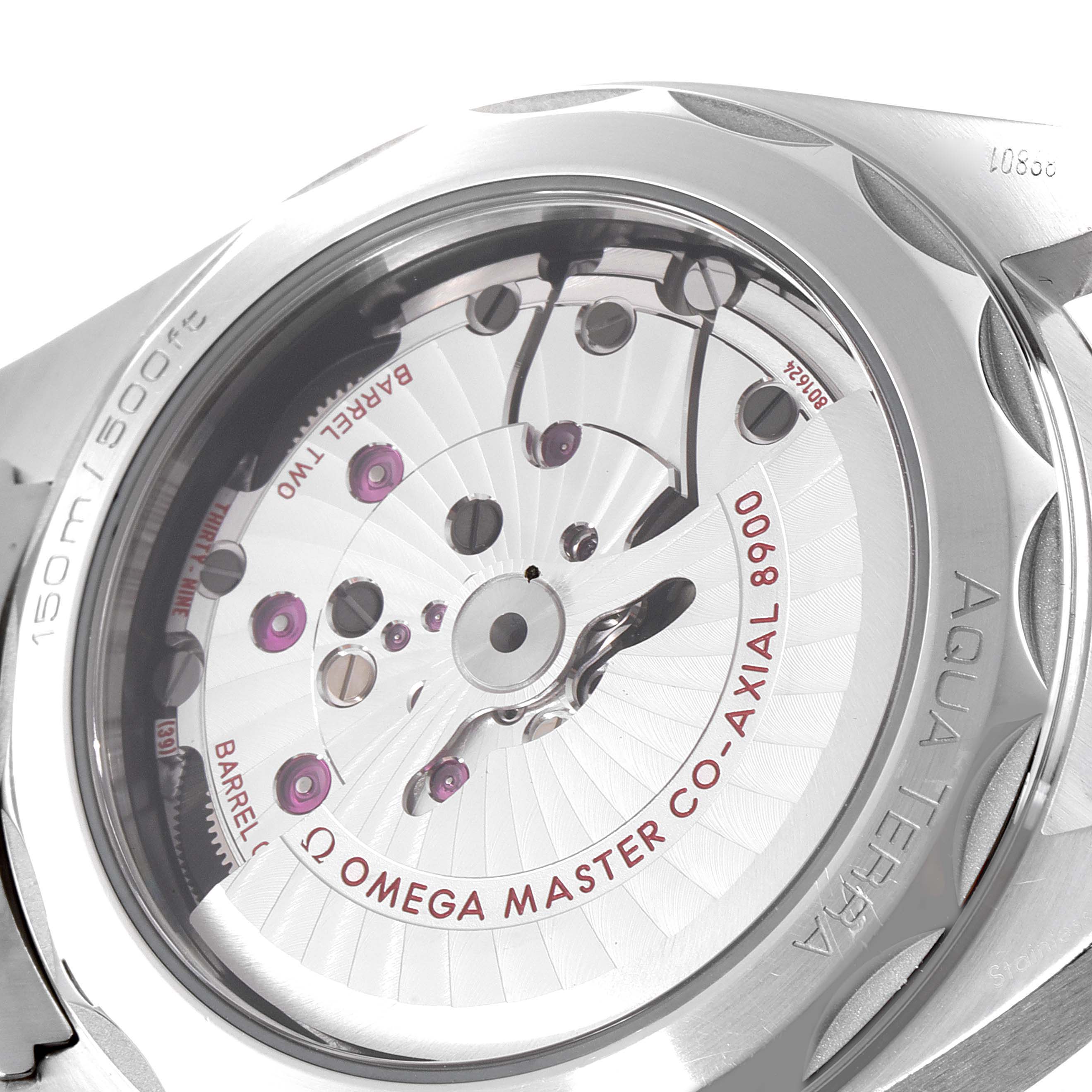 This image shows the back view of the Omega Aqua Terra 220.10.41.21.06.001 Men
s Stainless Steel Grey Dial 220.10.41.21.06.001 Men
s Stainless Steel Grey Dial watch, highlighting its internal Co-Axial 8900 movement.