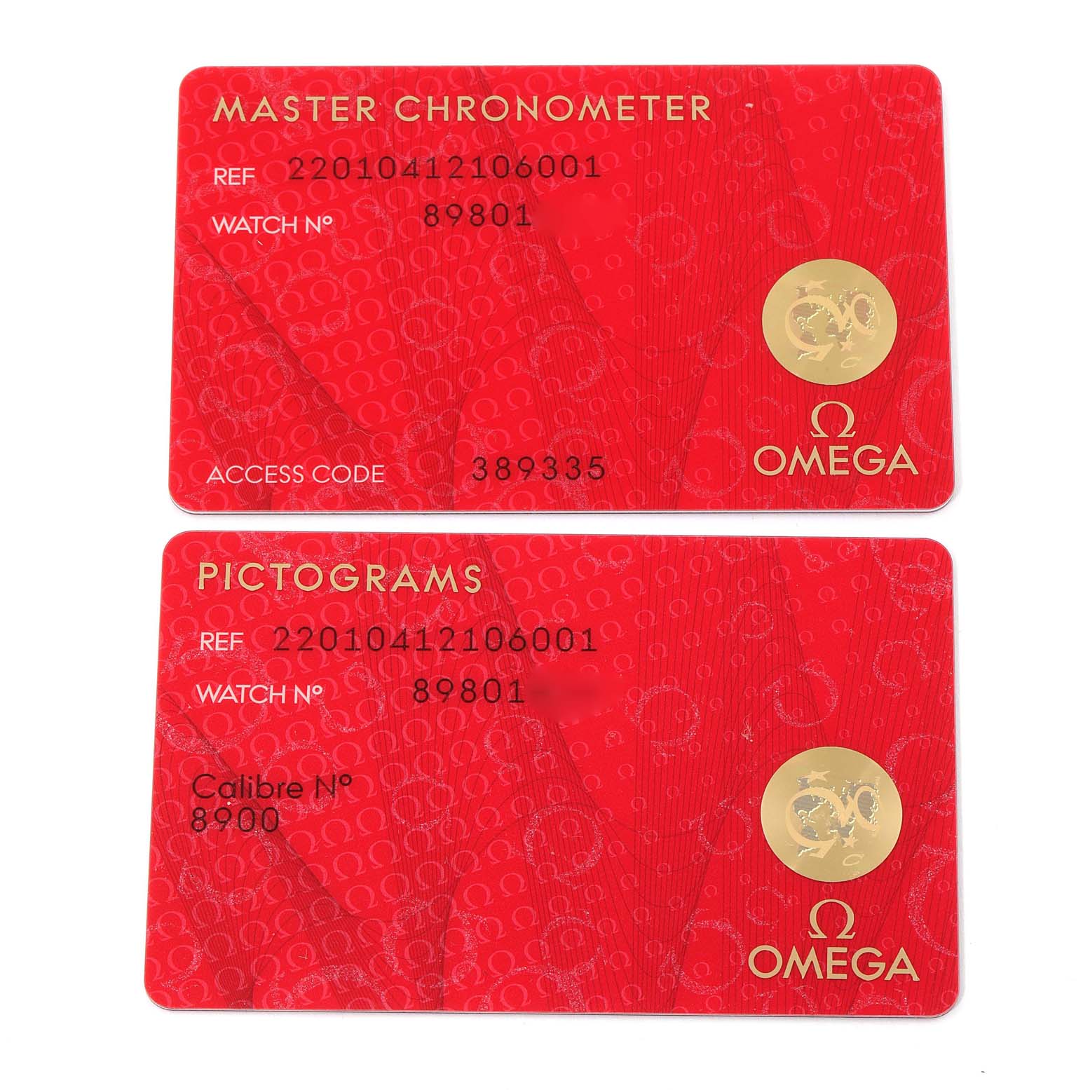 The image shows two identification and certification cards for the Omega Aqua Terra 220.10.41.21.06.001 Men
s Stainless Steel Grey Dial 220.10.41.21.06.001 Men
s Stainless Steel Grey Dial watch model, including reference and caliber information.