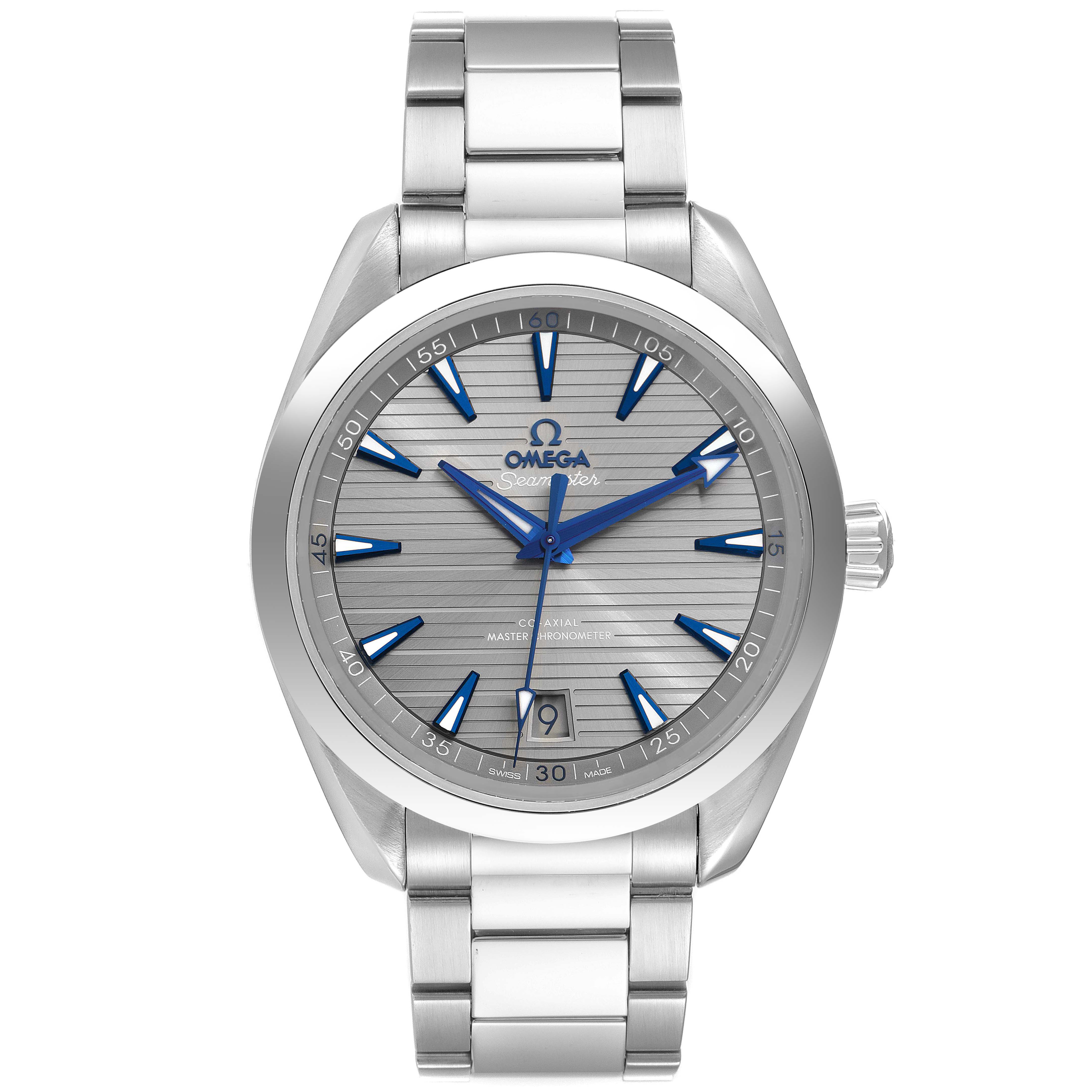This image shows a front view of the Omega Aqua Terra 220.10.41.21.06.001 Men
s Stainless Steel Grey Dial 220.10.41.21.06.001 Men
s Stainless Steel Grey Dial watch, displaying its dial, case, bracelet, and crown.