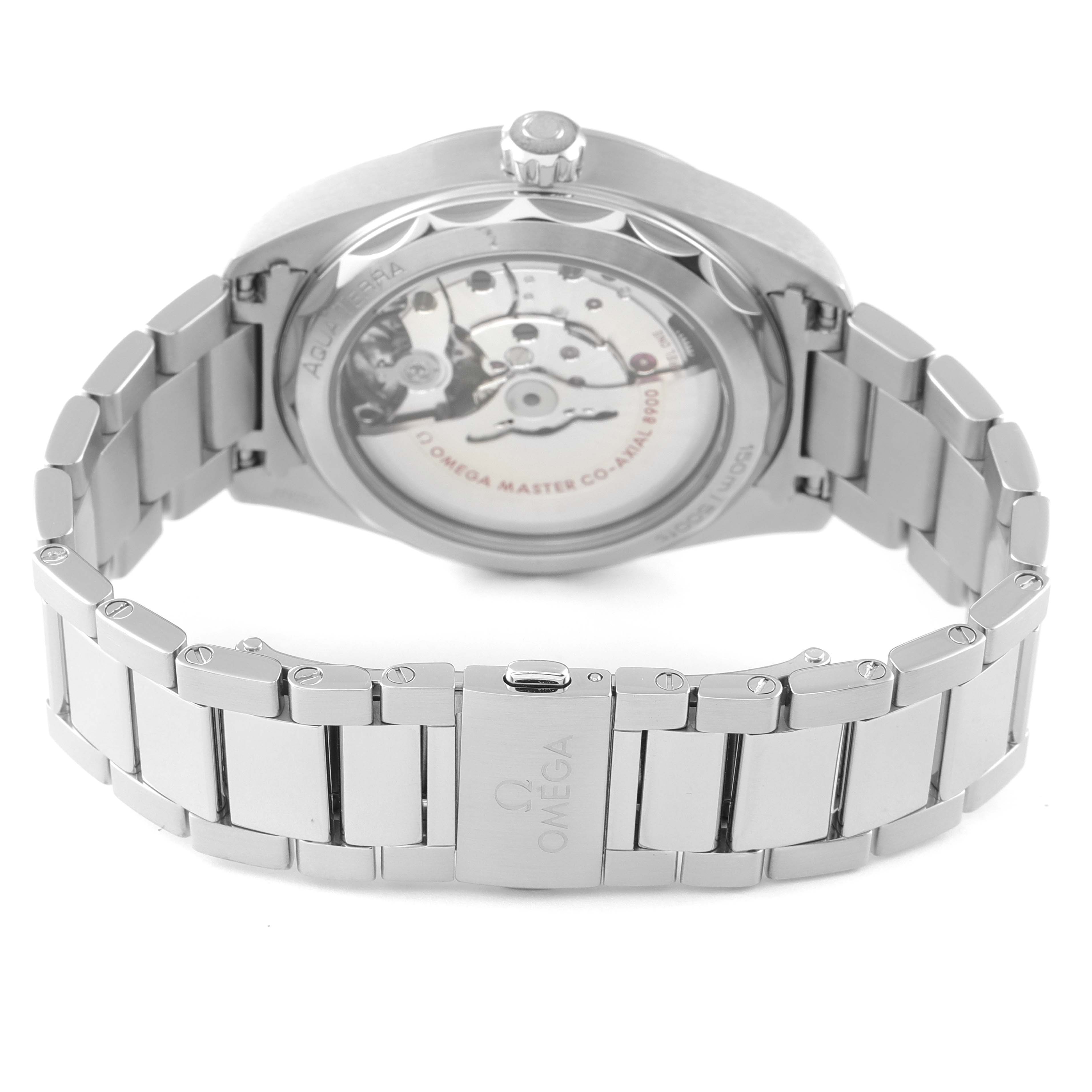 The image shows the back view of an Omega Aqua Terra 220.10.41.21.06.001 Men
s Stainless Steel Grey Dial 220.10.41.21.06.001 Men
s Stainless Steel Grey Dial watch, showcasing its open case back and the metal bracelet clasp.