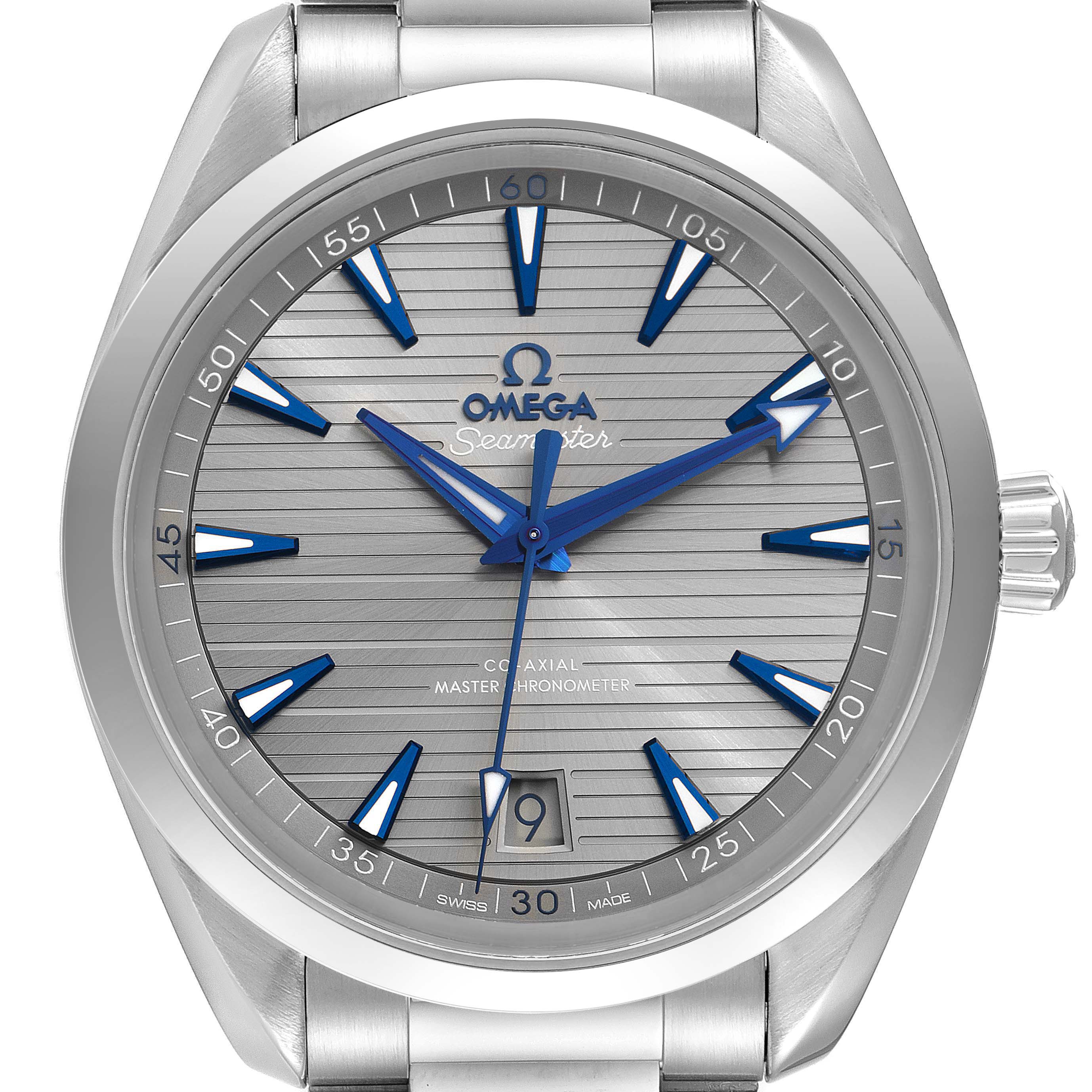 The image shows a front view of the Omega Aqua Terra 220.10.41.21.06.001 Men
s Stainless Steel Grey Dial 220.10.41.21.06.001 Men
s Stainless Steel Grey Dial watch, highlighting its dial, hands, and bracelet.
