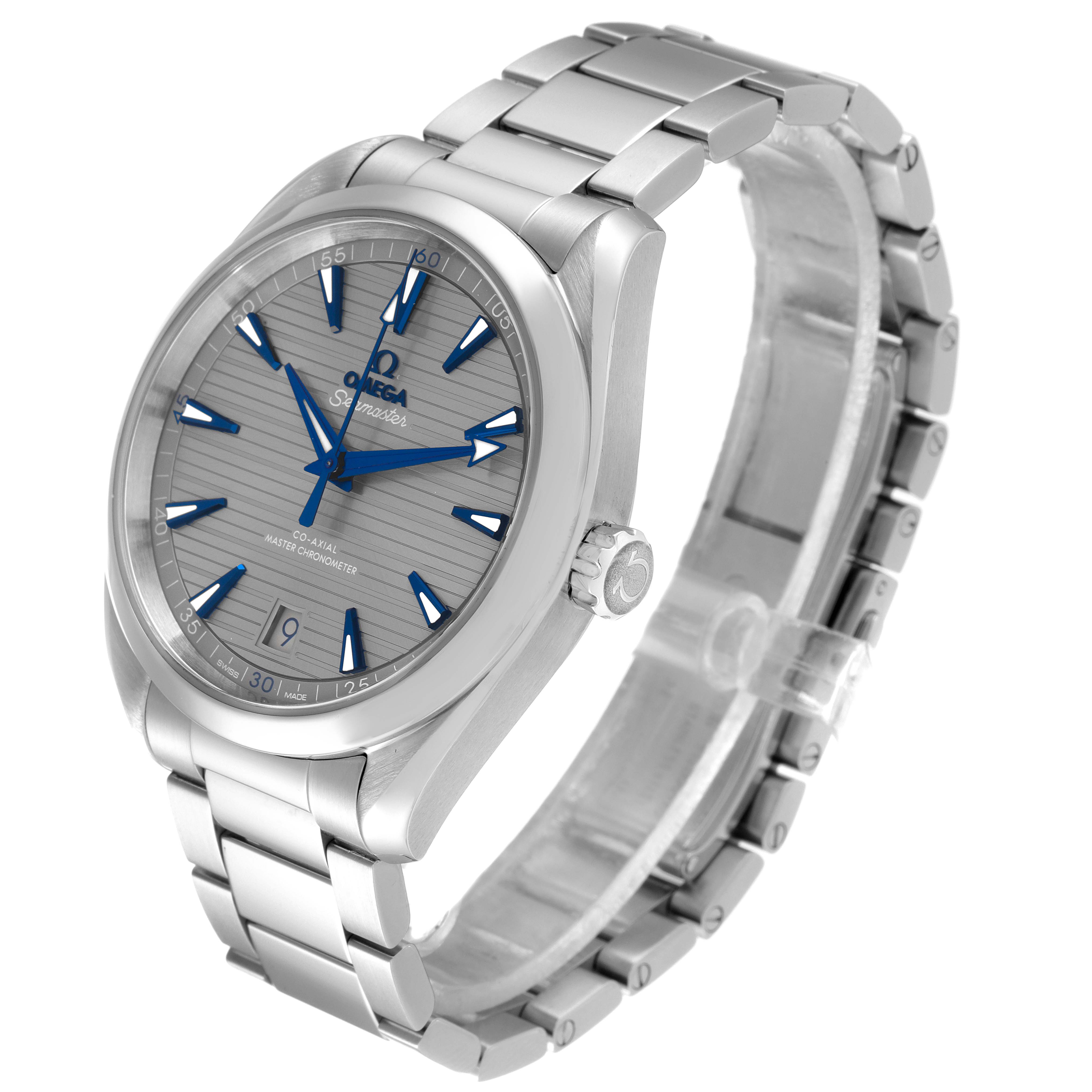 The image shows the Omega Aqua Terra 220.10.41.21.06.001 Men
s Stainless Steel Grey Dial 220.10.41.21.06.001 Men
s Stainless Steel Grey Dial watch angled slightly downward, highlighting its face, bezel, crown, and bracelet.