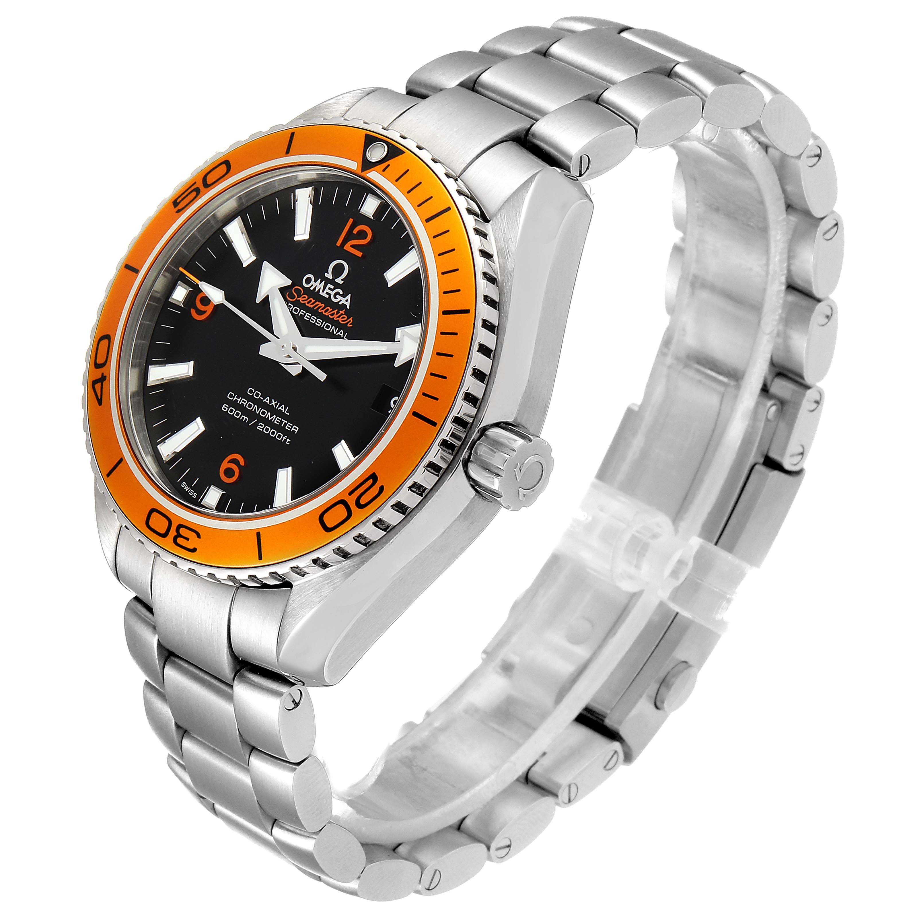 This Omega Planet Ocean 232.30.42.21.01.002 Men's Stainless Steel Black Dial 232.30.42.21.01.002 Men's Stainless Steel Black Dial watch is shown from an angled side view, displaying its face, bezel, and stainless steel bracelet.