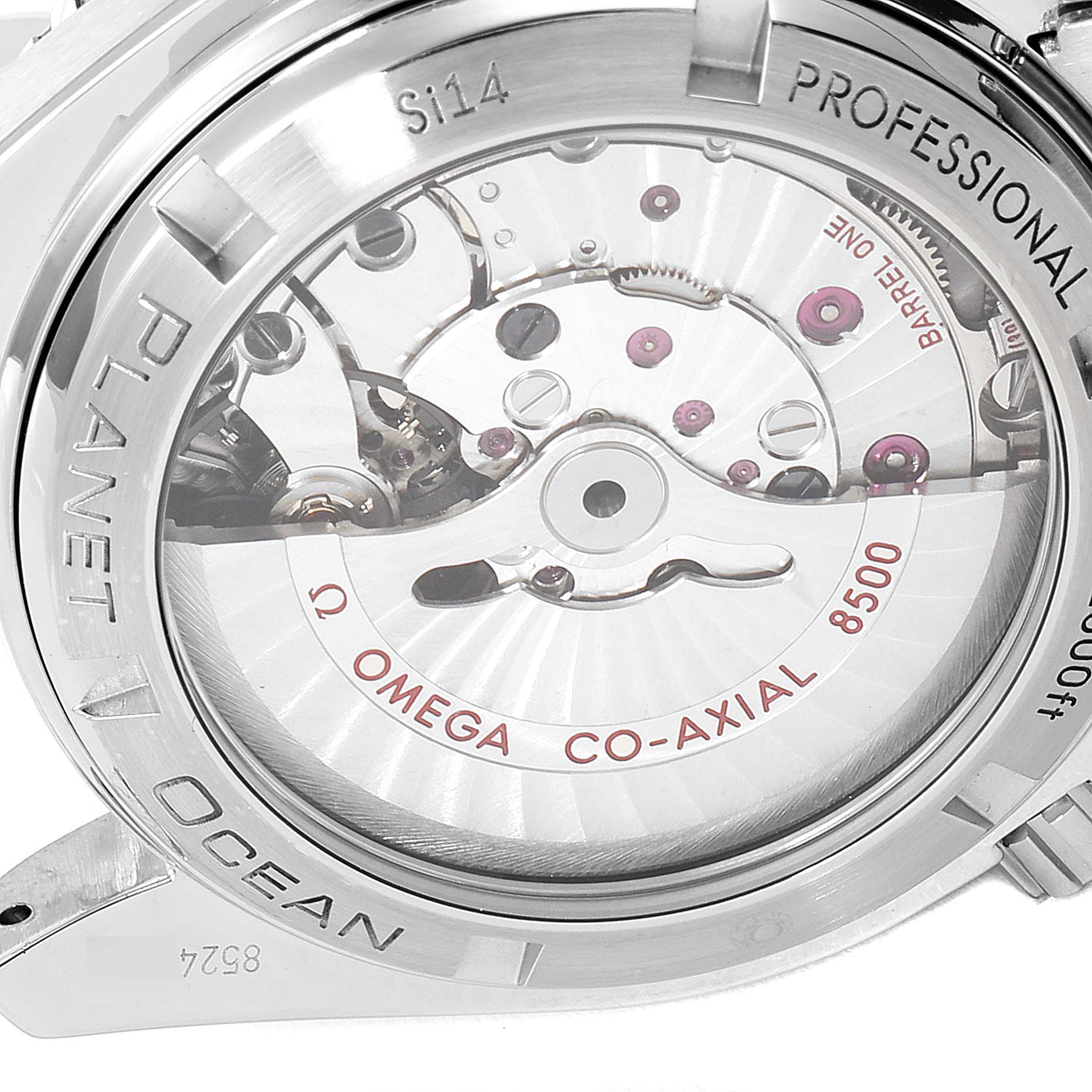 The image shows the back view of an Omega Planet Ocean 232.30.42.21.01.002 Men's Stainless Steel Black Dial 232.30.42.21.01.002 Men's Stainless Steel Black Dial watch, highlighting the movement and co-axial escapement label.