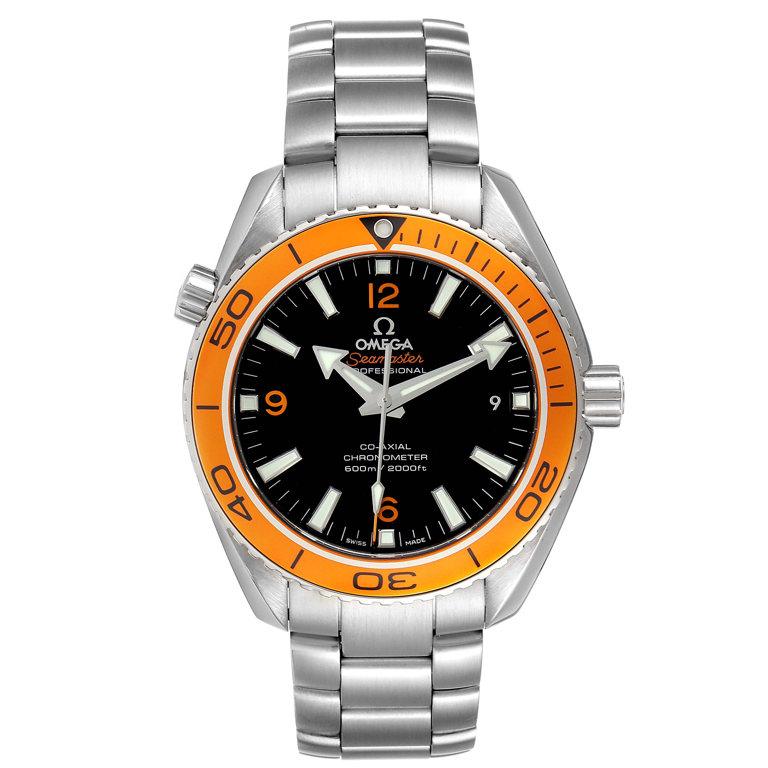 The image shows the front view of an Omega Planet Ocean 232.30.42.21.01.002 Men's Stainless Steel Black Dial 232.30.42.21.01.002 Men's Stainless Steel Black Dial wristwatch, highlighting its orange bezel, black dial, and metal bracelet.