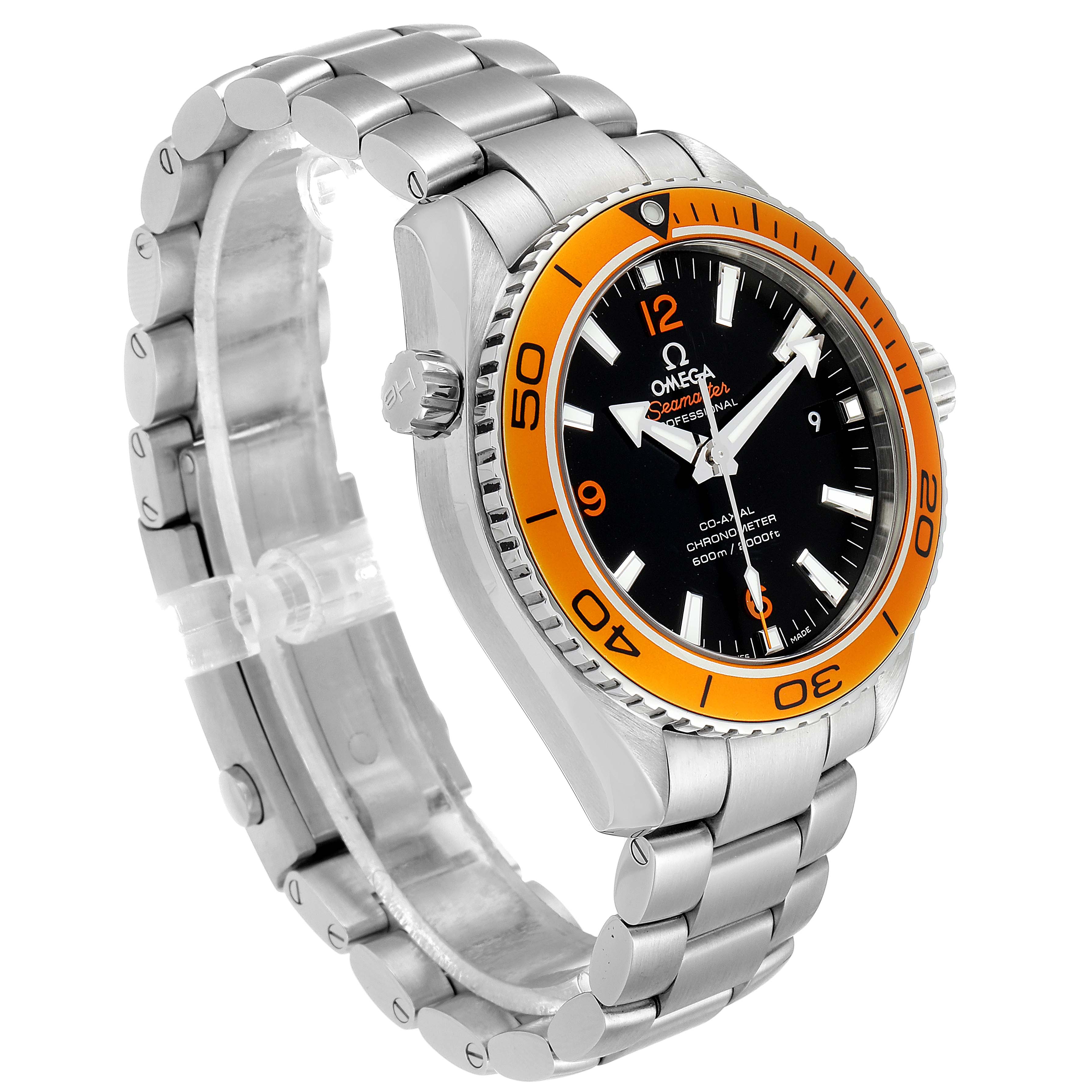 The image shows a front angle of the Omega Planet Ocean 232.30.42.21.01.002 Men's Stainless Steel Black Dial 232.30.42.21.01.002 Men's Stainless Steel Black Dial watch, highlighting its orange bezel, black dial, and stainless steel bracelet.