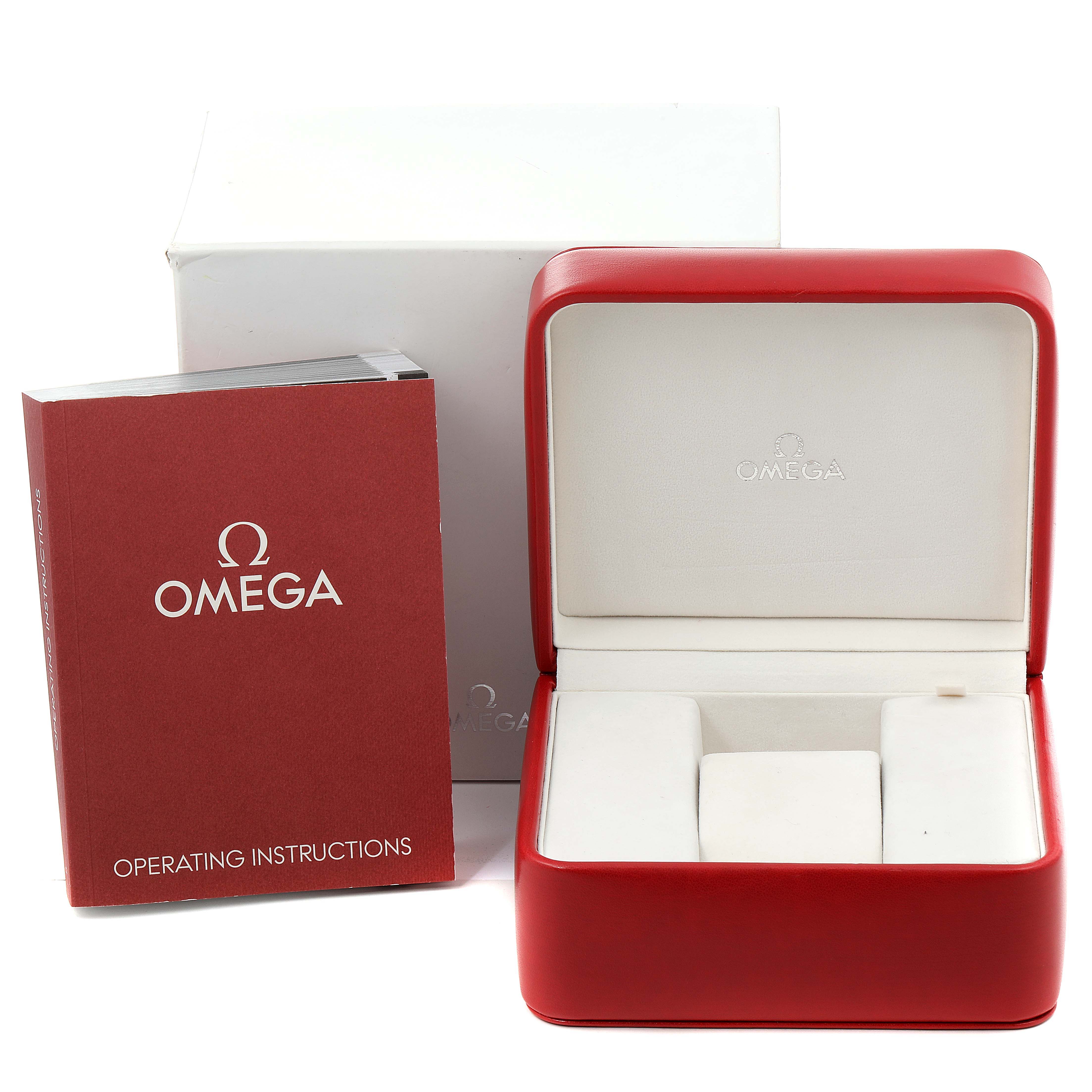 The image shows the packaging, red watch box, and operating instructions for an Omega Planet Ocean 232.30.42.21.01.002 Men's Stainless Steel Black Dial 232.30.42.21.01.002 Men's Stainless Steel Black Dial model watch.