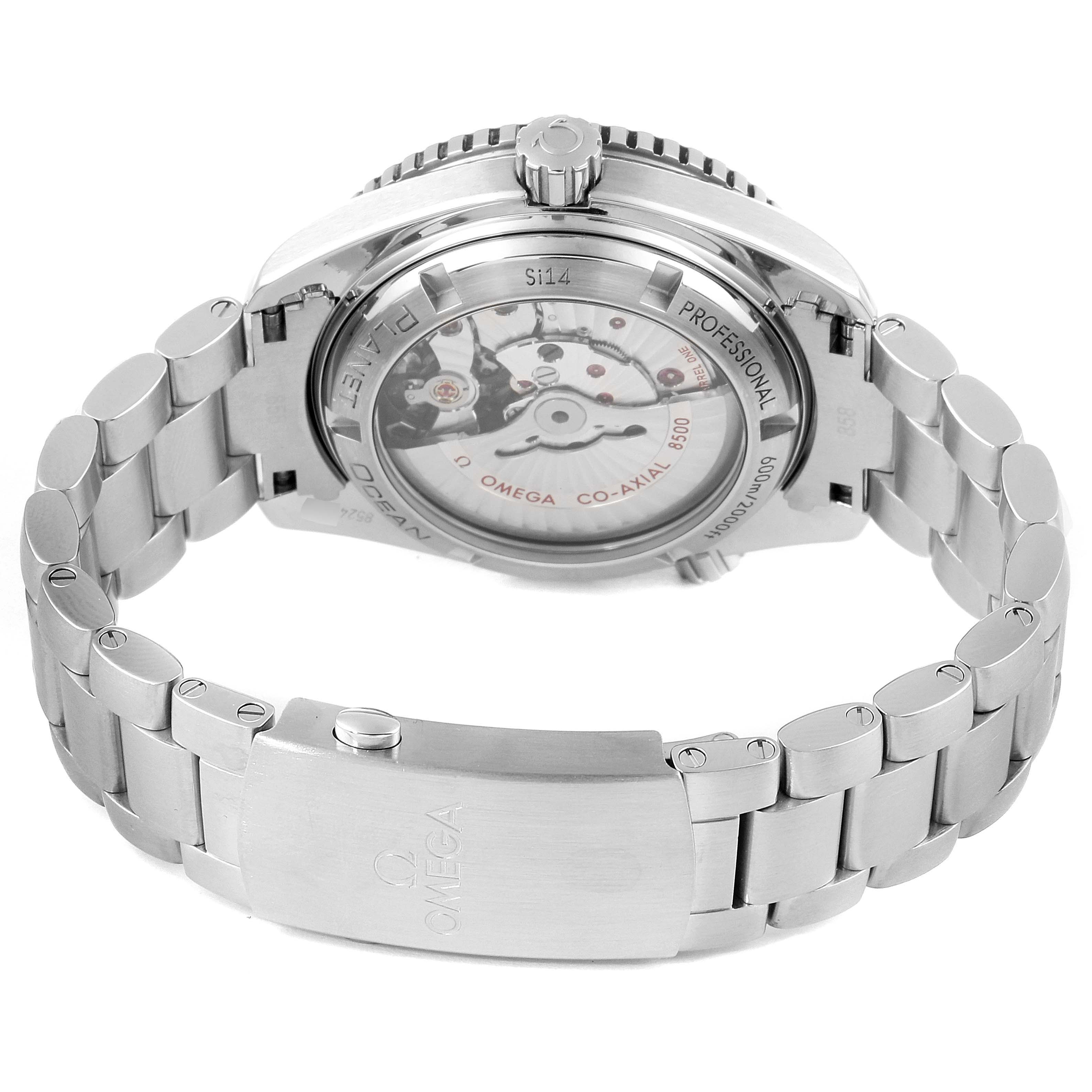 The image shows the back view of the Omega Planet Ocean 232.30.42.21.01.002 Men's Stainless Steel Black Dial 232.30.42.21.01.002 Men's Stainless Steel Black Dial watch, highlighting the transparent case back and metal bracelet.