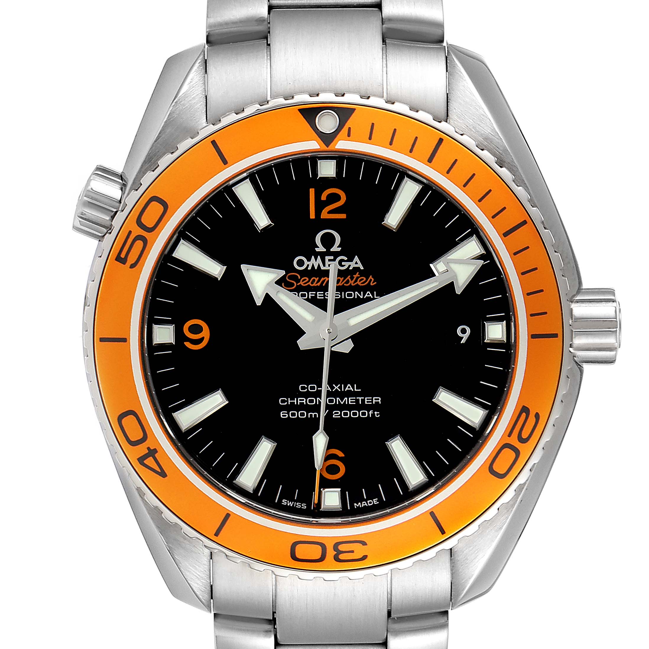 This image shows a front view of the Omega Planet Ocean 232.30.42.21.01.002 Men's Stainless Steel Black Dial 232.30.42.21.01.002 Men's Stainless Steel Black Dial watch, featuring the bezel, dial, hands, and bracelet.