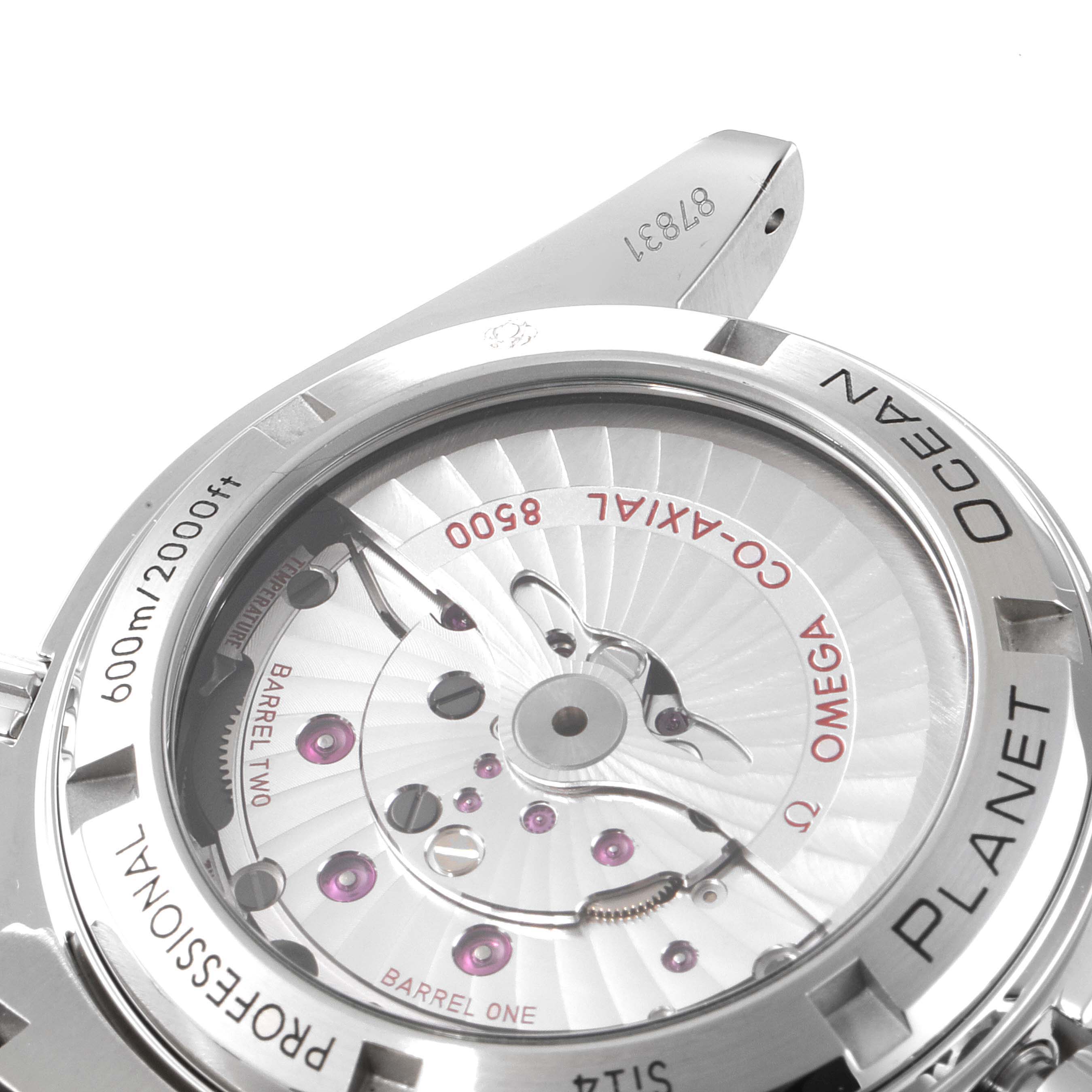 The image shows the case back of an Omega Planet Ocean 232.30.42.21.01.002 Men
s Stainless Steel Black Dial 232.30.42.21.01.002 Men
s Stainless Steel Black Dial watch, highlighting the movement and inscriptions.