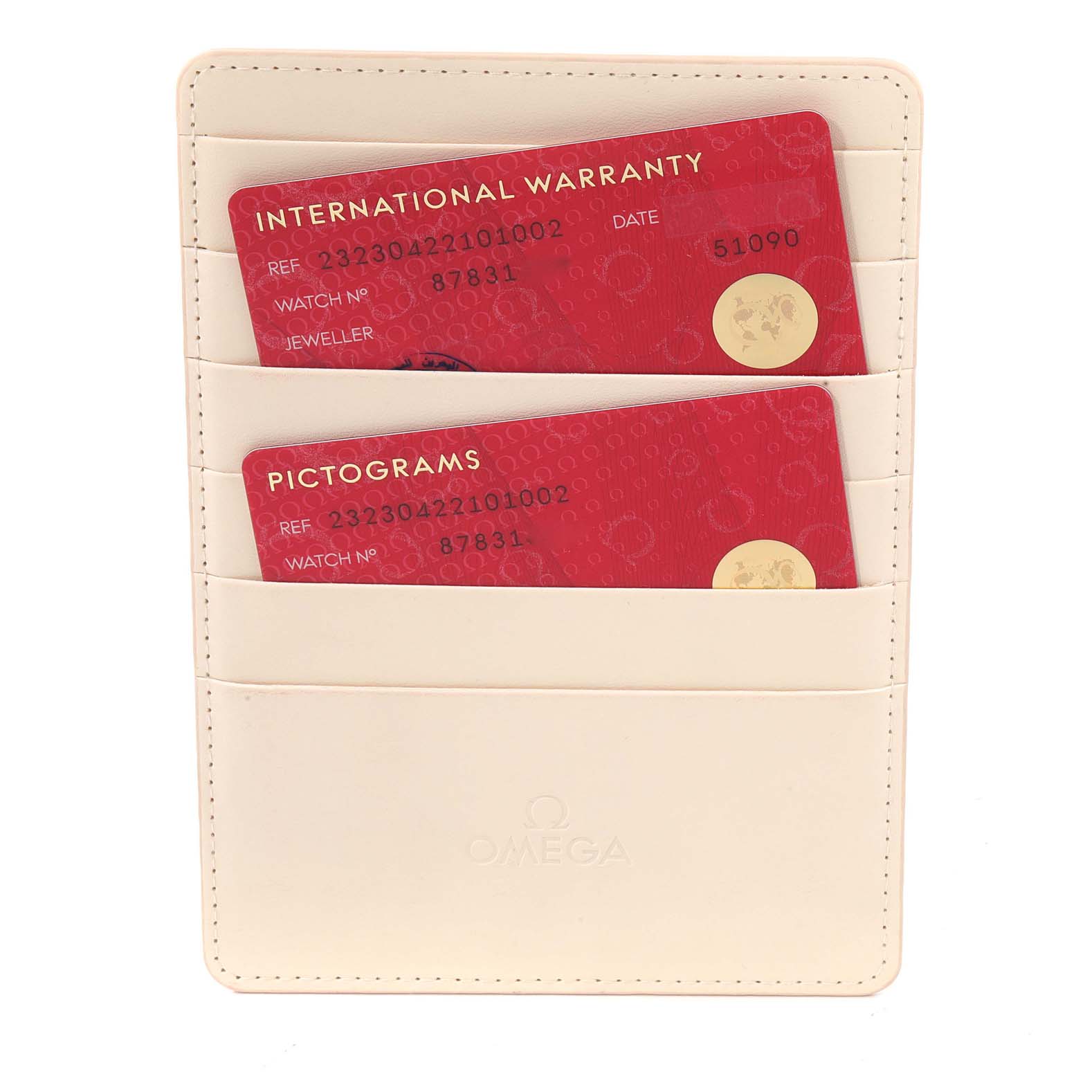 The image shows warranty and pictogram cards in a holder for the Omega Planet Ocean 232.30.42.21.01.002 Men
s Stainless Steel Black Dial 232.30.42.21.01.002 Men
s Stainless Steel Black Dial watch model.