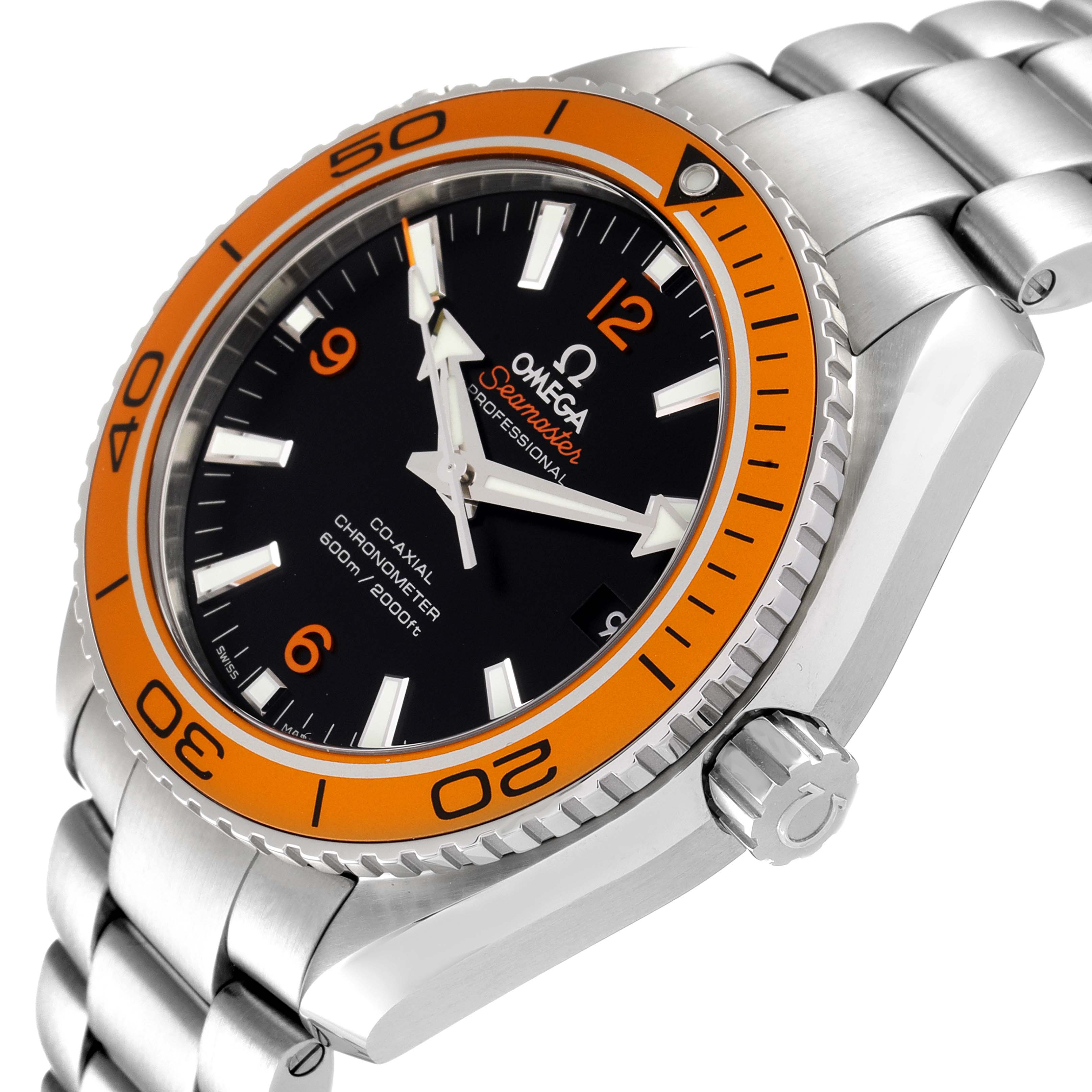 The image shows a side-angle view of the Omega Planet Ocean 232.30.42.21.01.002 Men
s Stainless Steel Black Dial 232.30.42.21.01.002 Men
s Stainless Steel Black Dial watch, highlighting its bezel, dial, and bracelet.