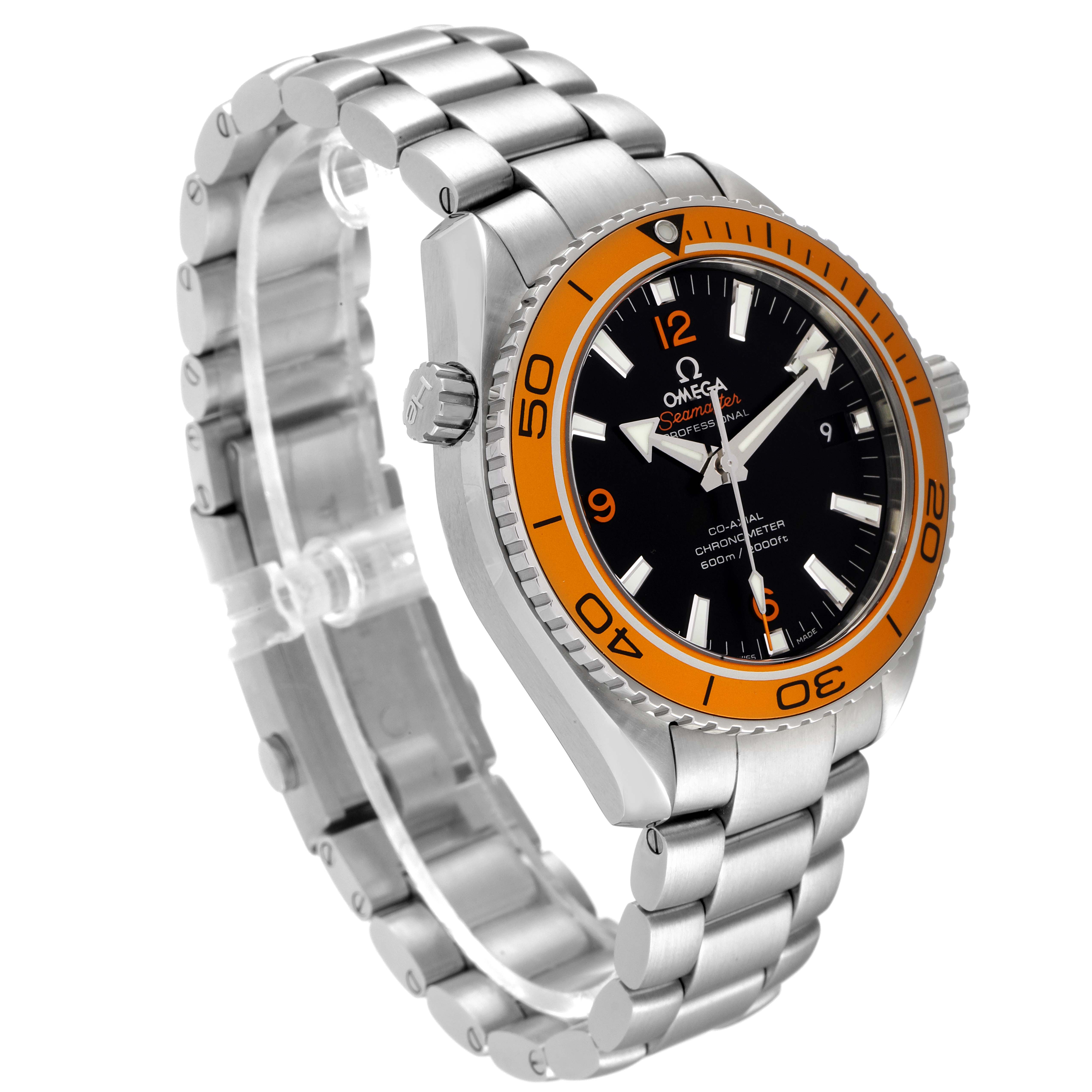 The Omega Planet Ocean 232.30.42.21.01.002 Men
s Stainless Steel Black Dial 232.30.42.21.01.002 Men
s Stainless Steel Black Dial watch is shown at a three-quarter angle, highlighting the orange bezel, black dial, and metal bracelet.