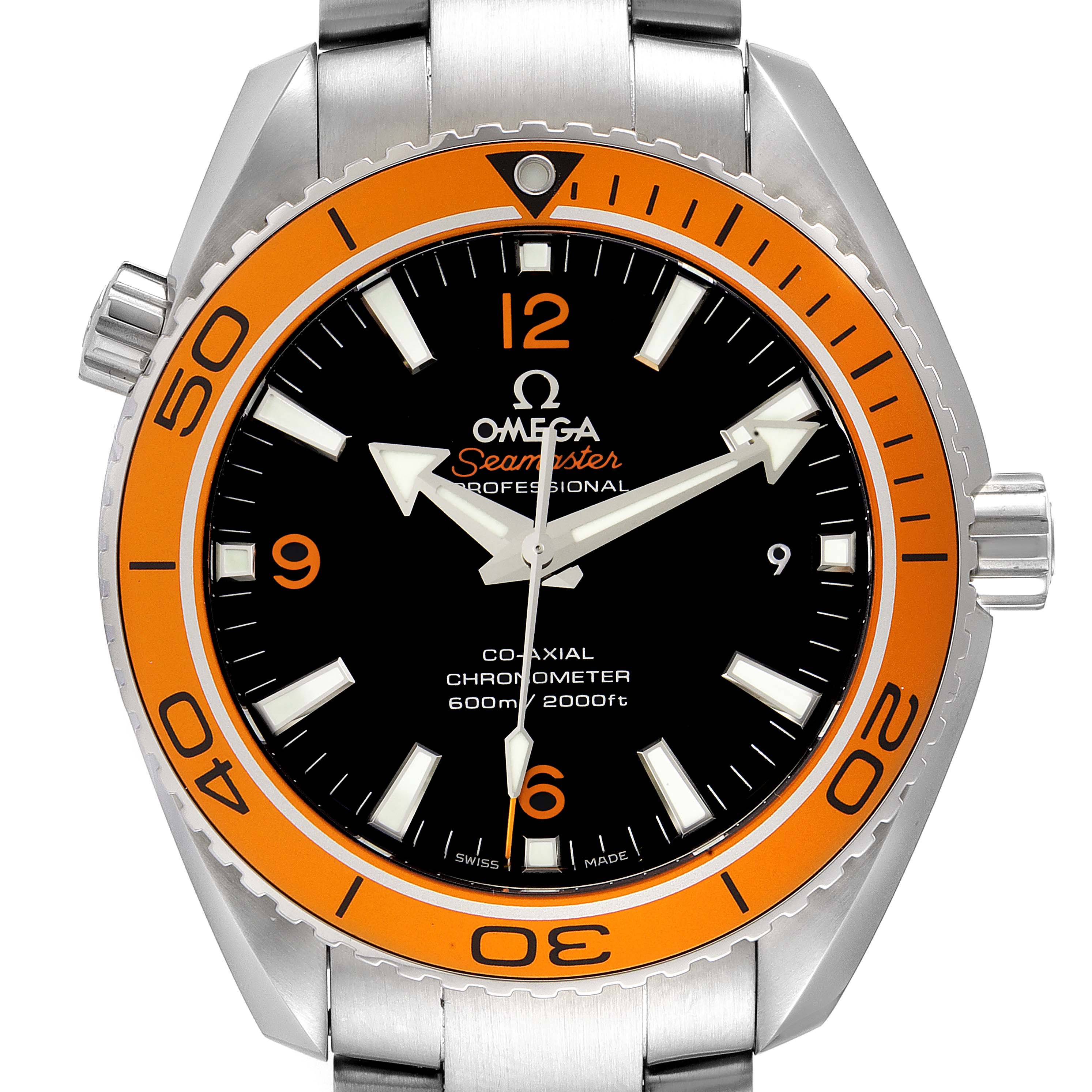This image shows a front view of the Omega Seamaster Planet Ocean watch, highlighting the orange bezel and black dial.