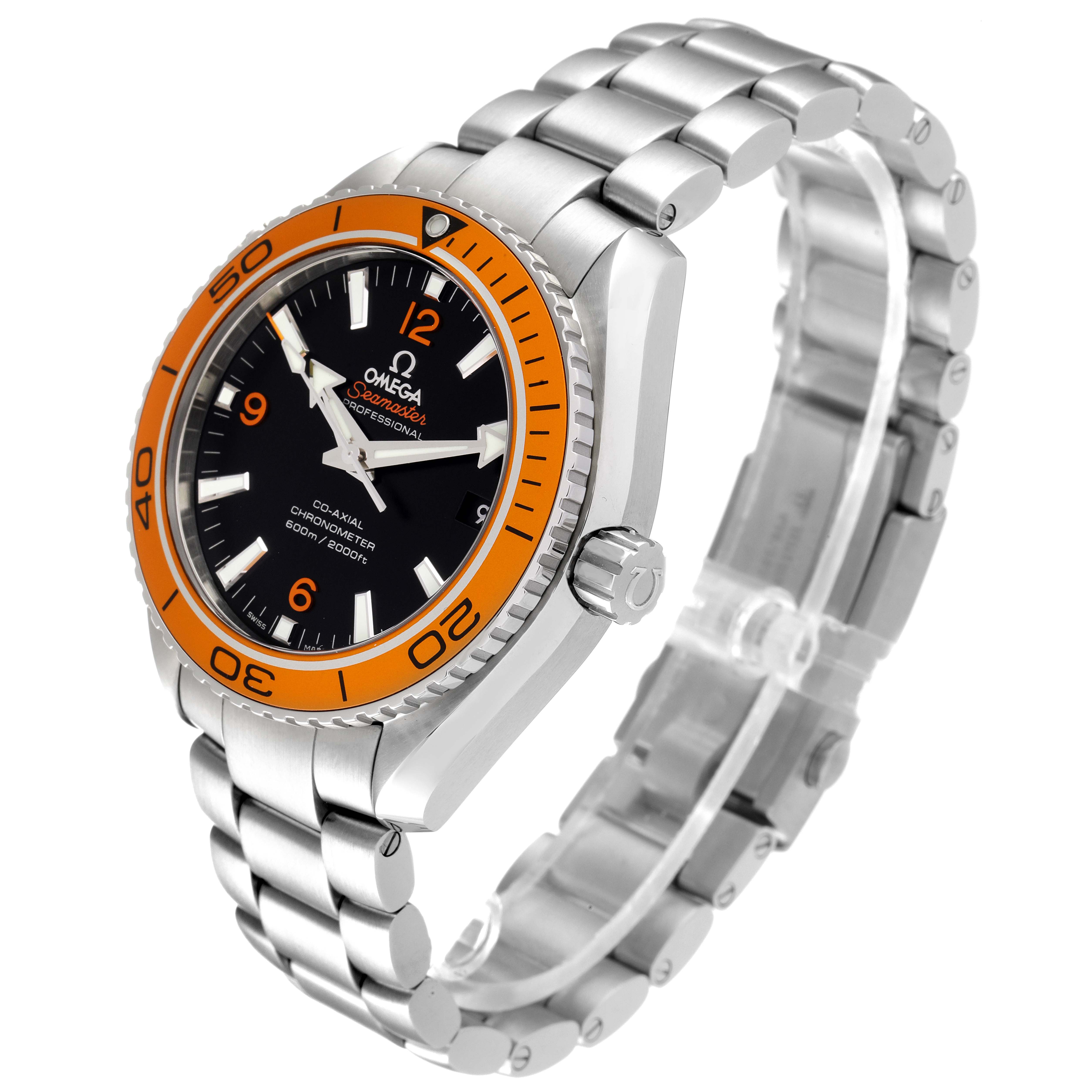 The image shows an Omega Planet Ocean 232.30.42.21.01.002 Men
s Stainless Steel Black Dial 232.30.42.21.01.002 Men
s Stainless Steel Black Dial watch at a three-quarter angle, highlighting its orange bezel, black dial, and metal bracelet.