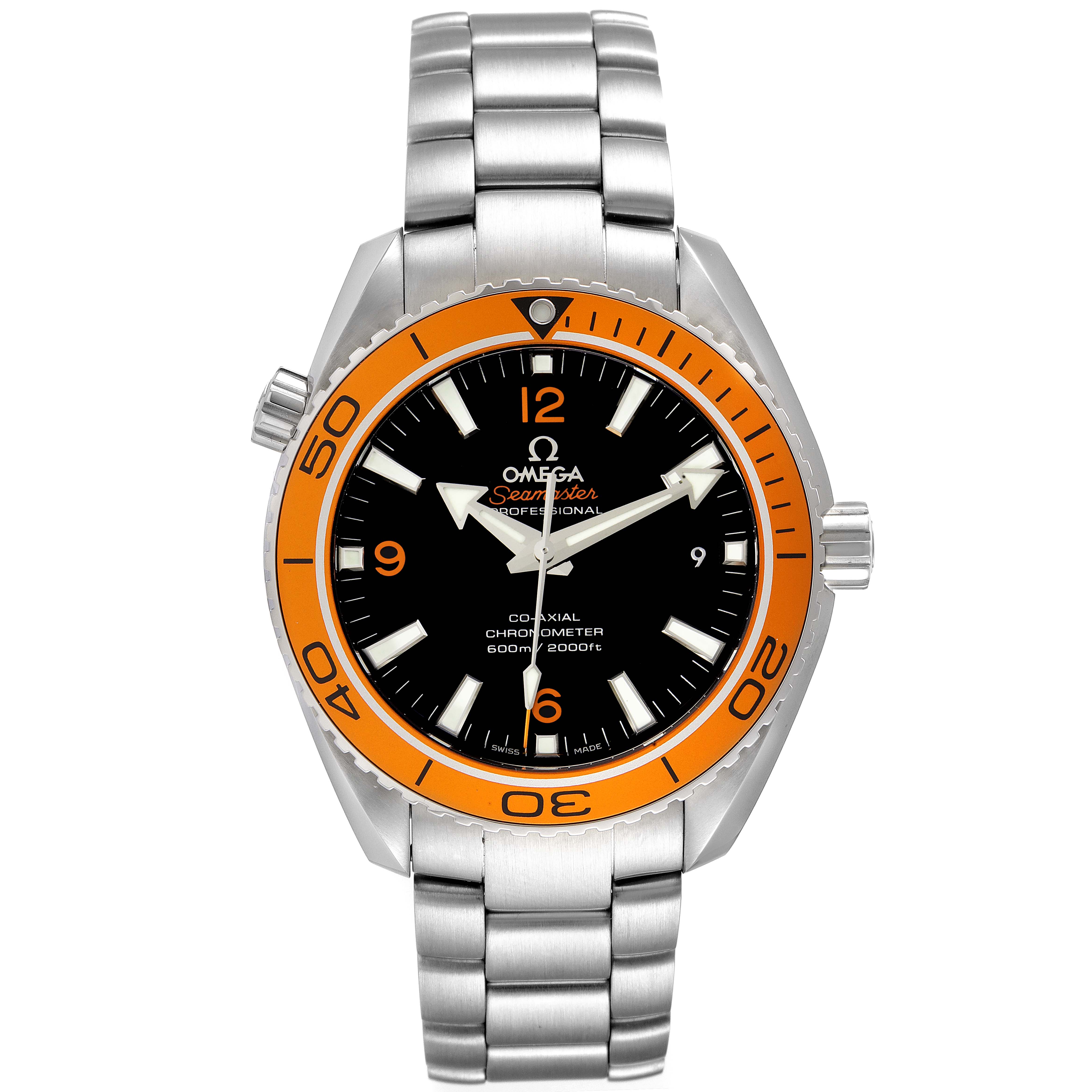 The Omega Planet Ocean 232.30.42.21.01.002 Men
s Stainless Steel Black Dial 232.30.42.21.01.002 Men
s Stainless Steel Black Dial watch is shown from the front, displaying the dial, bezel, crown, and bracelet.