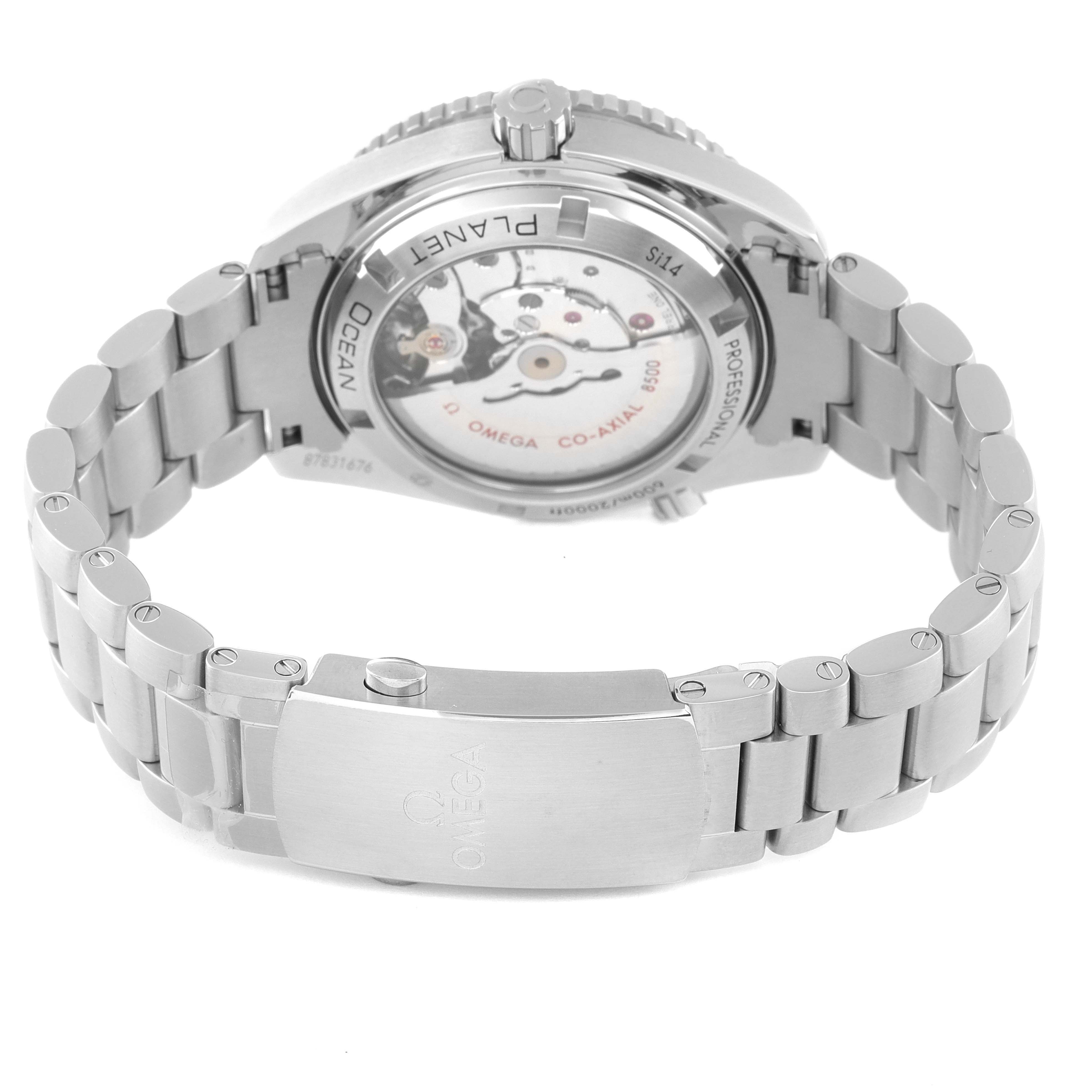 The image shows the back view of the Omega Planet Ocean 232.30.42.21.01.002 Men
s Stainless Steel Black Dial 232.30.42.21.01.002 Men
s Stainless Steel Black Dial watch, highlighting its open case back and metal bracelet.