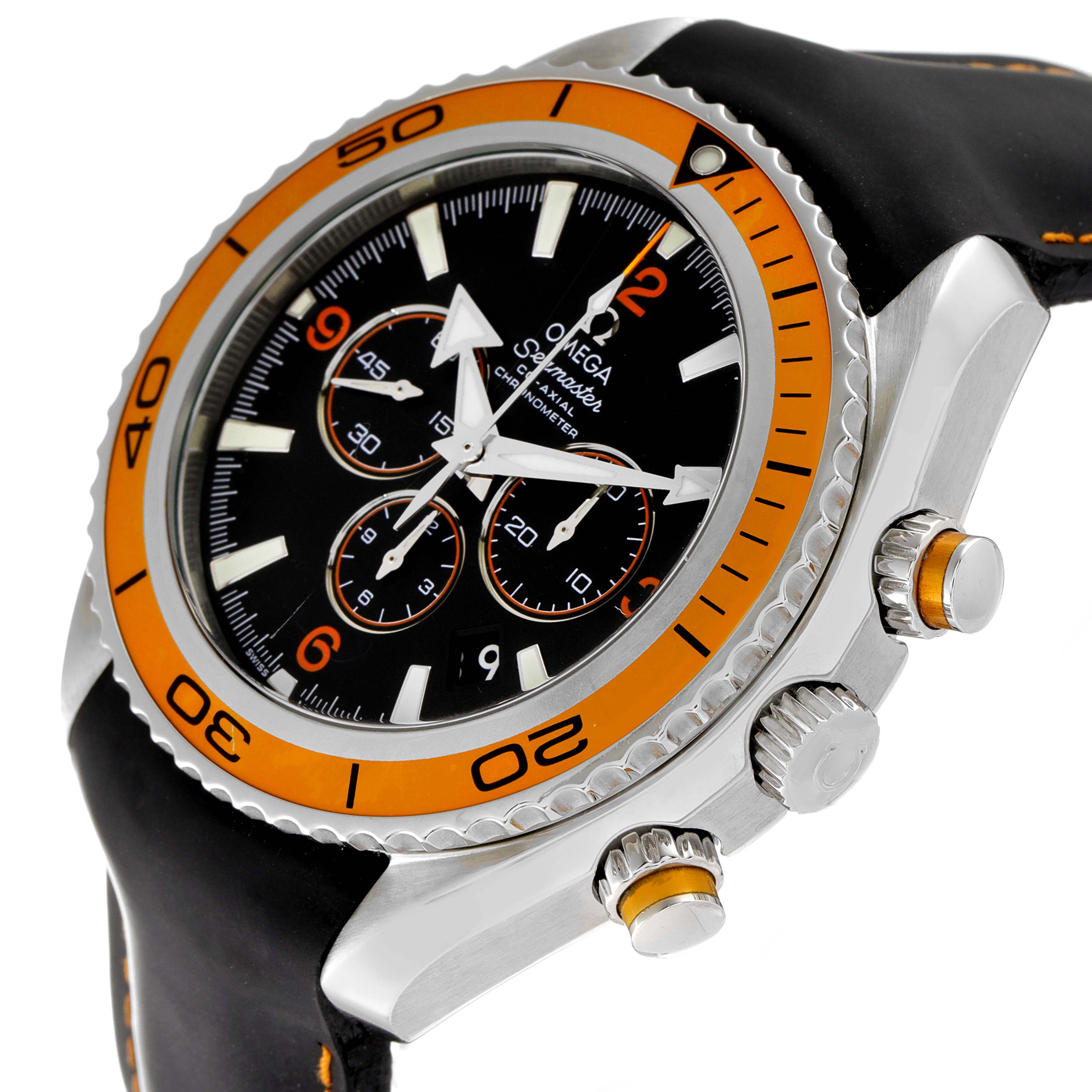 The Omega Planet Ocean 2918.50.00 Men's Stainless Steel Black Dial 2918.50.00 Men's Stainless Steel Black Dial watch is shown at an angled view highlighting its orange bezel, chronograph dials, and crown.