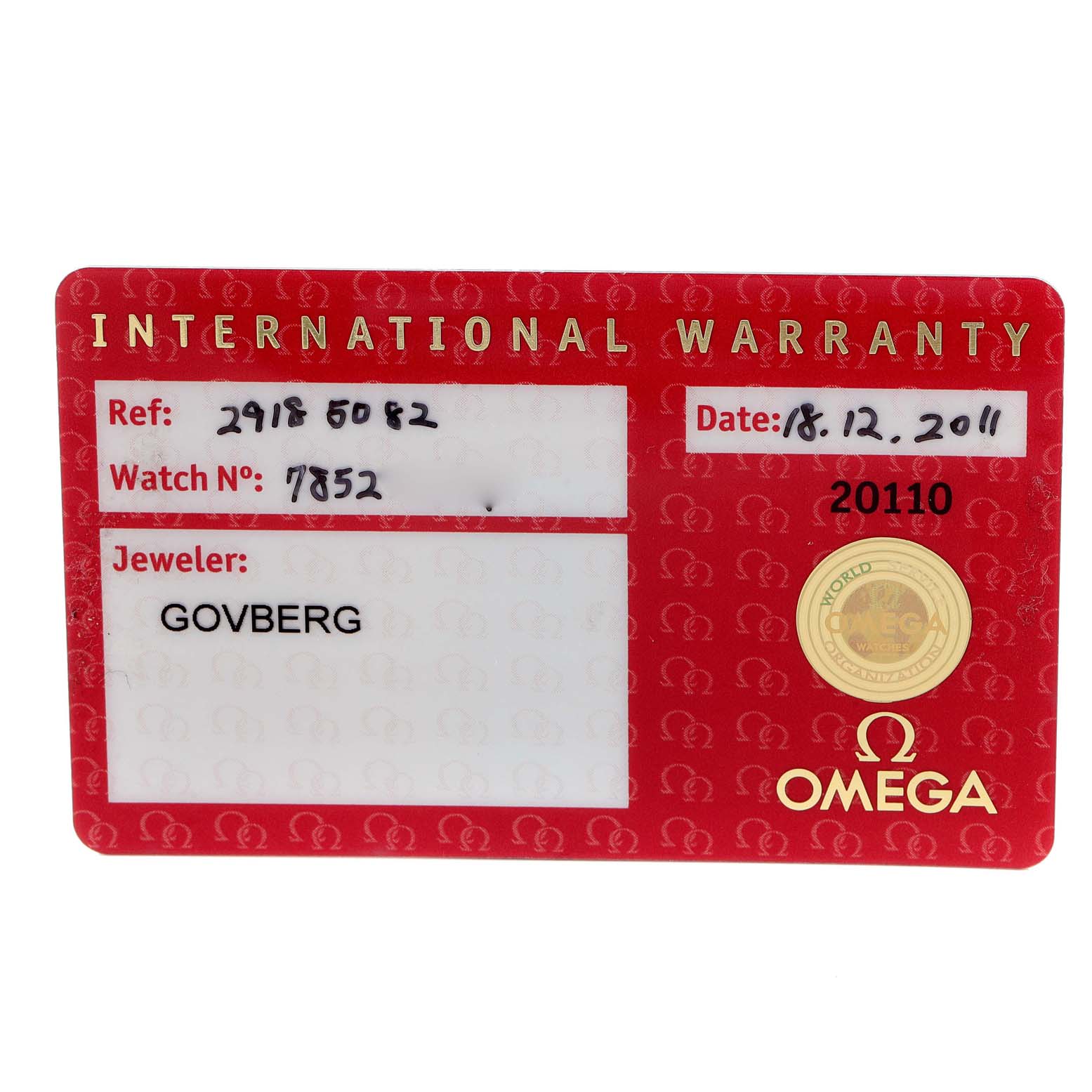 This image shows the International Warranty card for the Omega Planet Ocean 2918.50.00 Men's Stainless Steel Black Dial 2918.50.00 Men's Stainless Steel Black Dial model.