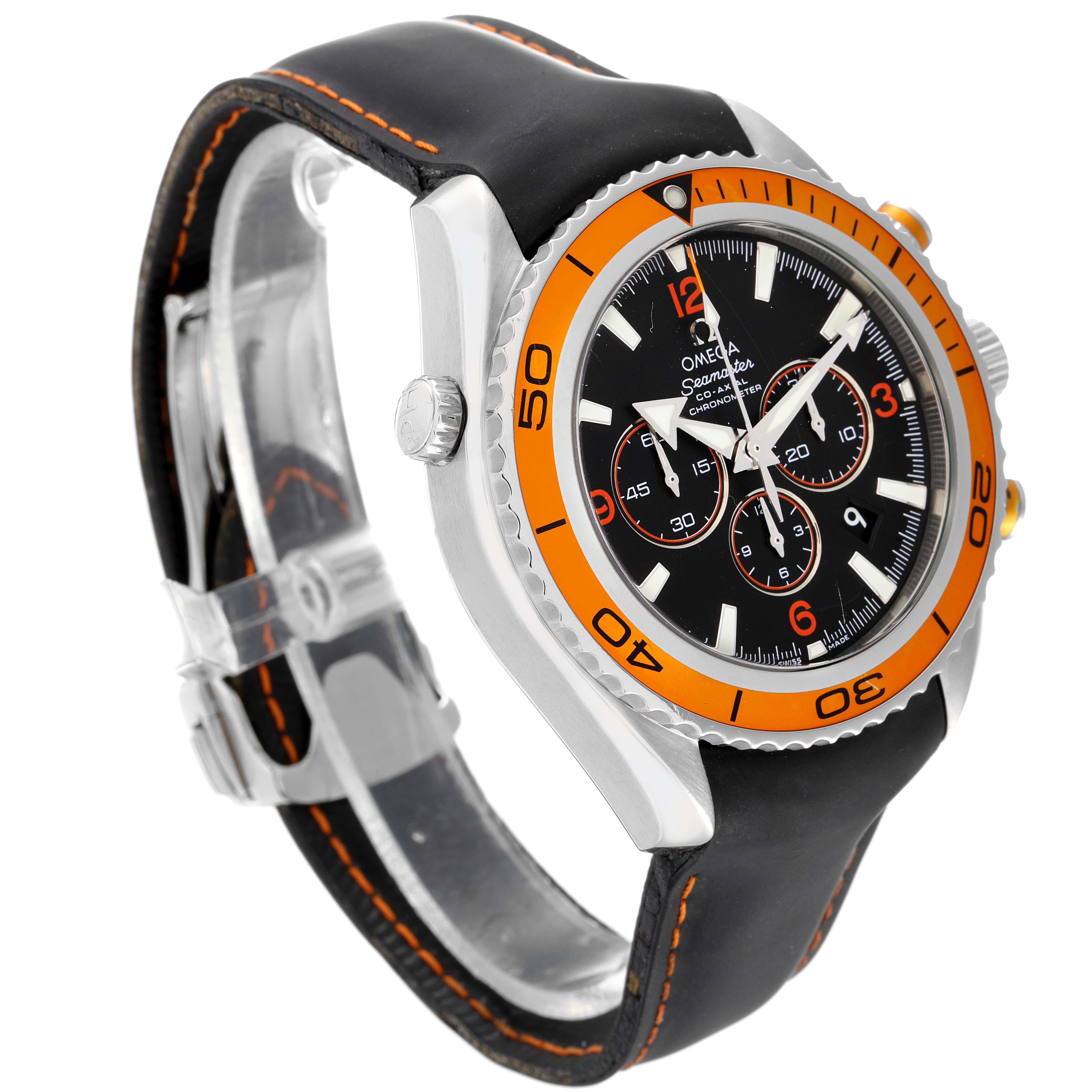 The Omega Planet Ocean 2918.50.00 Men's Stainless Steel Black Dial 2918.50.00 Men's Stainless Steel Black Dial watch is shown in a three-quarter angle, highlighting the bezel, dial, case, and strap.