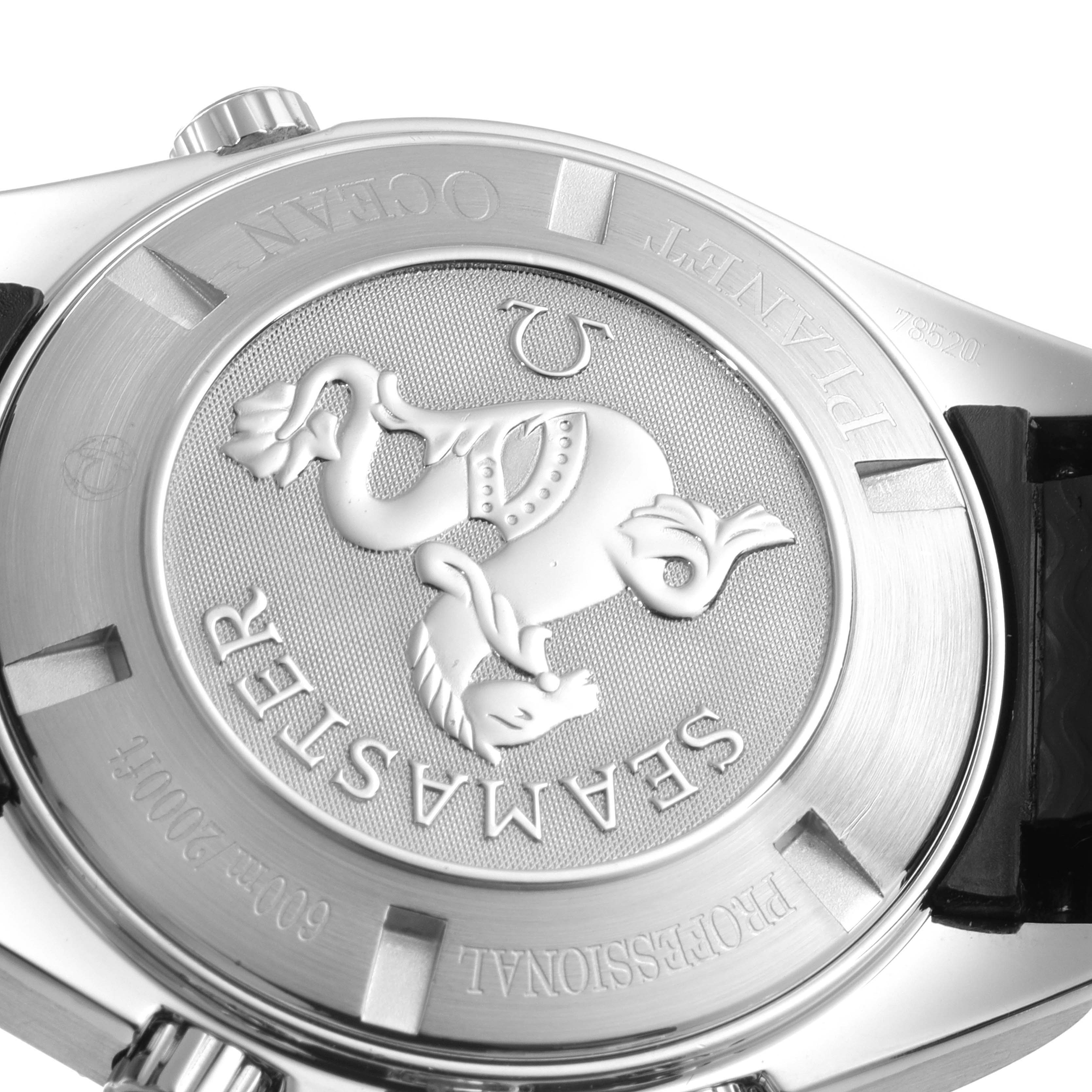 This image shows the case back of the Omega Seamaster Planet Ocean watch, highlighting the engraved seahorse logo.