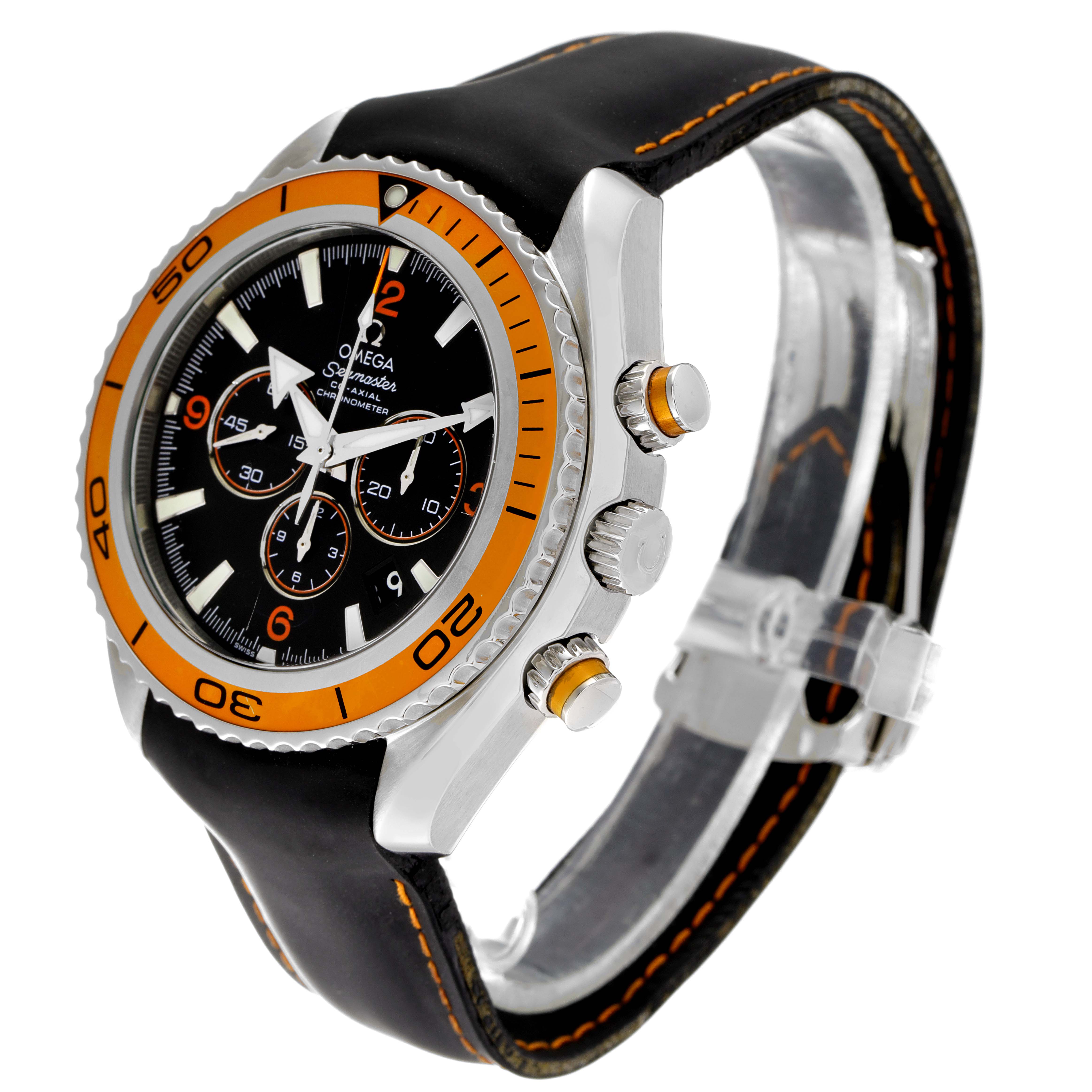 The Omega Planet Ocean 2918.50.00 Men's Stainless Steel Black Dial 2918.50.00 Men's Stainless Steel Black Dial watch is shown at an angle, displaying the face, crown, pushers, black strap, and orange bezel.