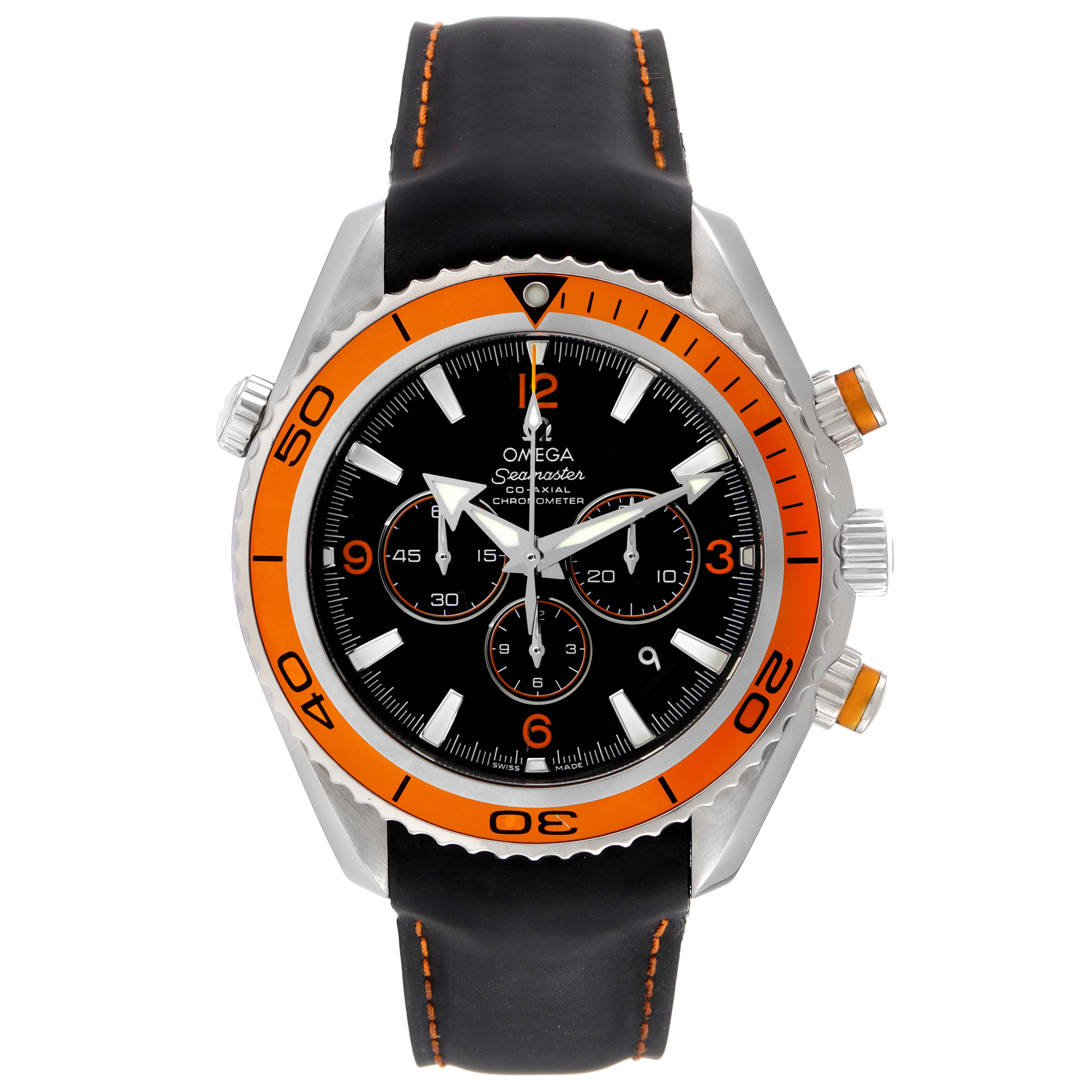 This image shows a front view of the Omega Planet Ocean 2918.50.00 Men's Stainless Steel Black Dial 2918.50.00 Men's Stainless Steel Black Dial model, highlighting its black dial, orange bezel, and black strap.