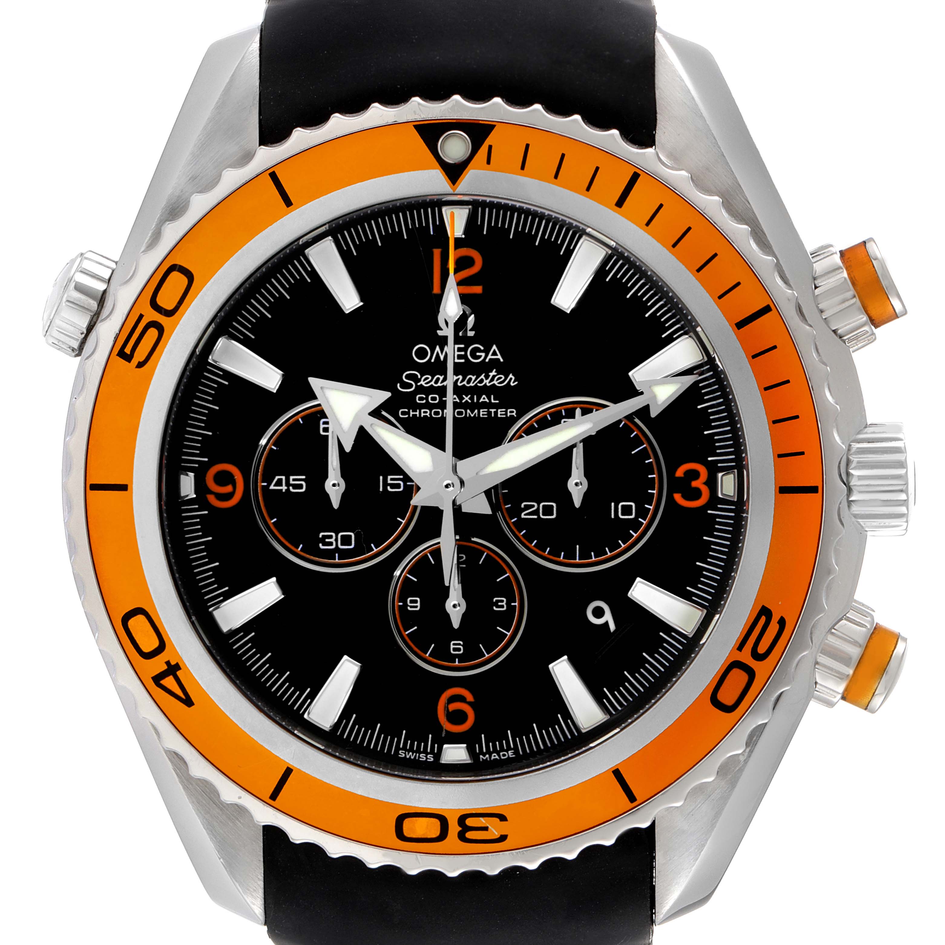 The image shows a front view of the Omega Planet Ocean 2918.50.00 Men's Stainless Steel Black Dial 2918.50.00 Men's Stainless Steel Black Dial watch, showcasing its dial, bezel, and pushers.