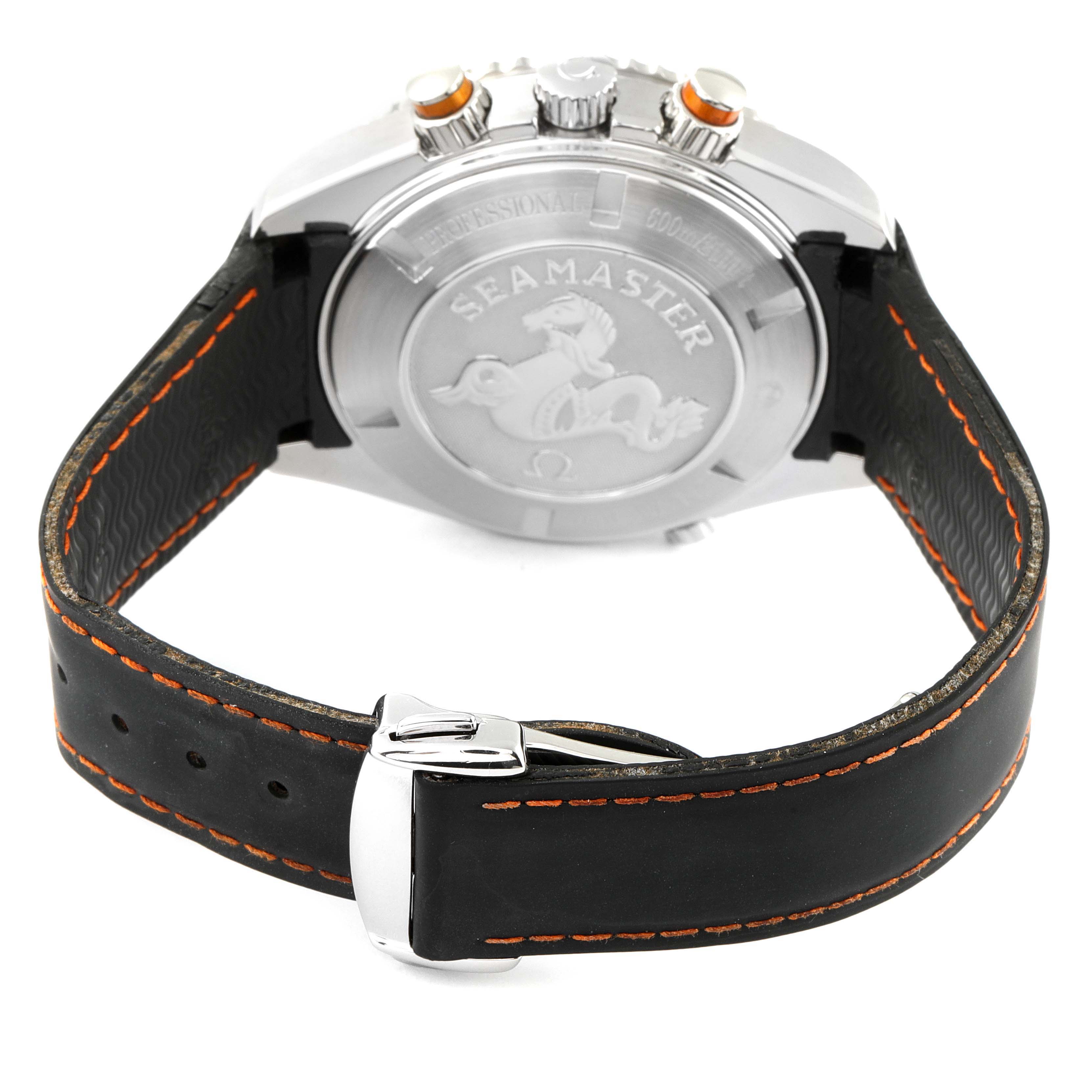 This Omega Planet Ocean 2918.50.00 Men's Stainless Steel Black Dial 2918.50.00 Men's Stainless Steel Black Dial watch is shown from the back, displaying the case back, crown, pushers, and leather strap.