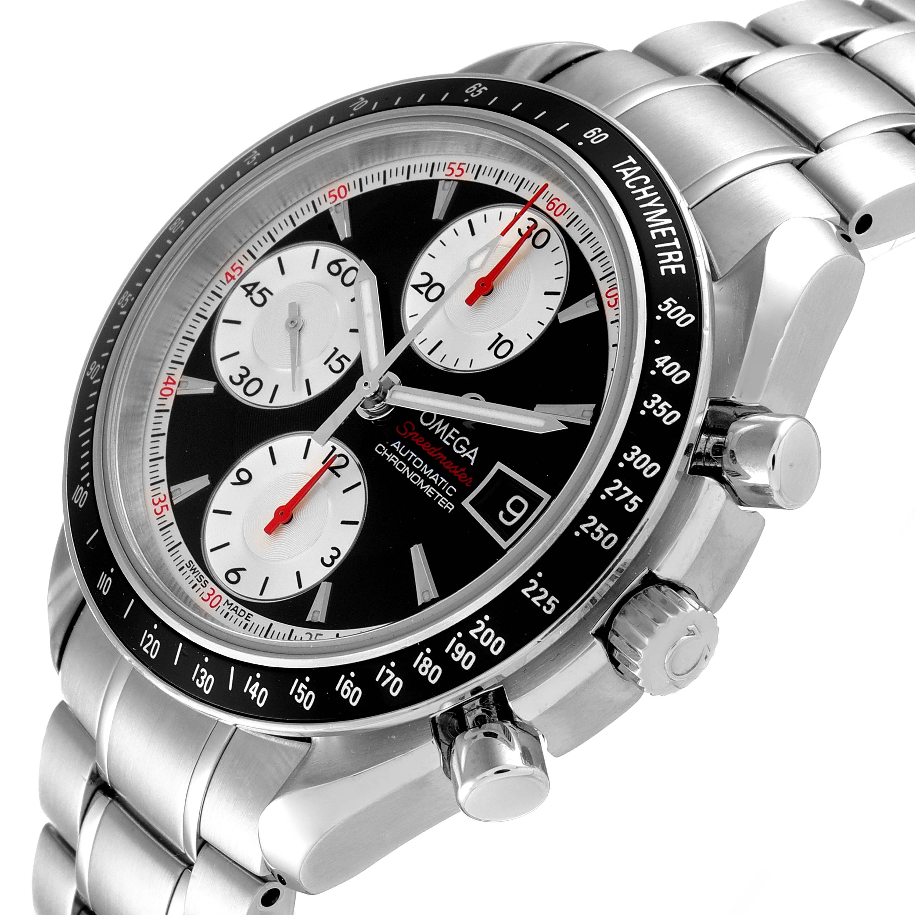 The image shows a close-up angle of an Omega Speedmaster 3210.51.00 Men
s Stainless Steel Black Dial 3210.51.00 Men
s Stainless Steel Black Dial watch, highlighting the face, tachymeter bezel, and three subdials.