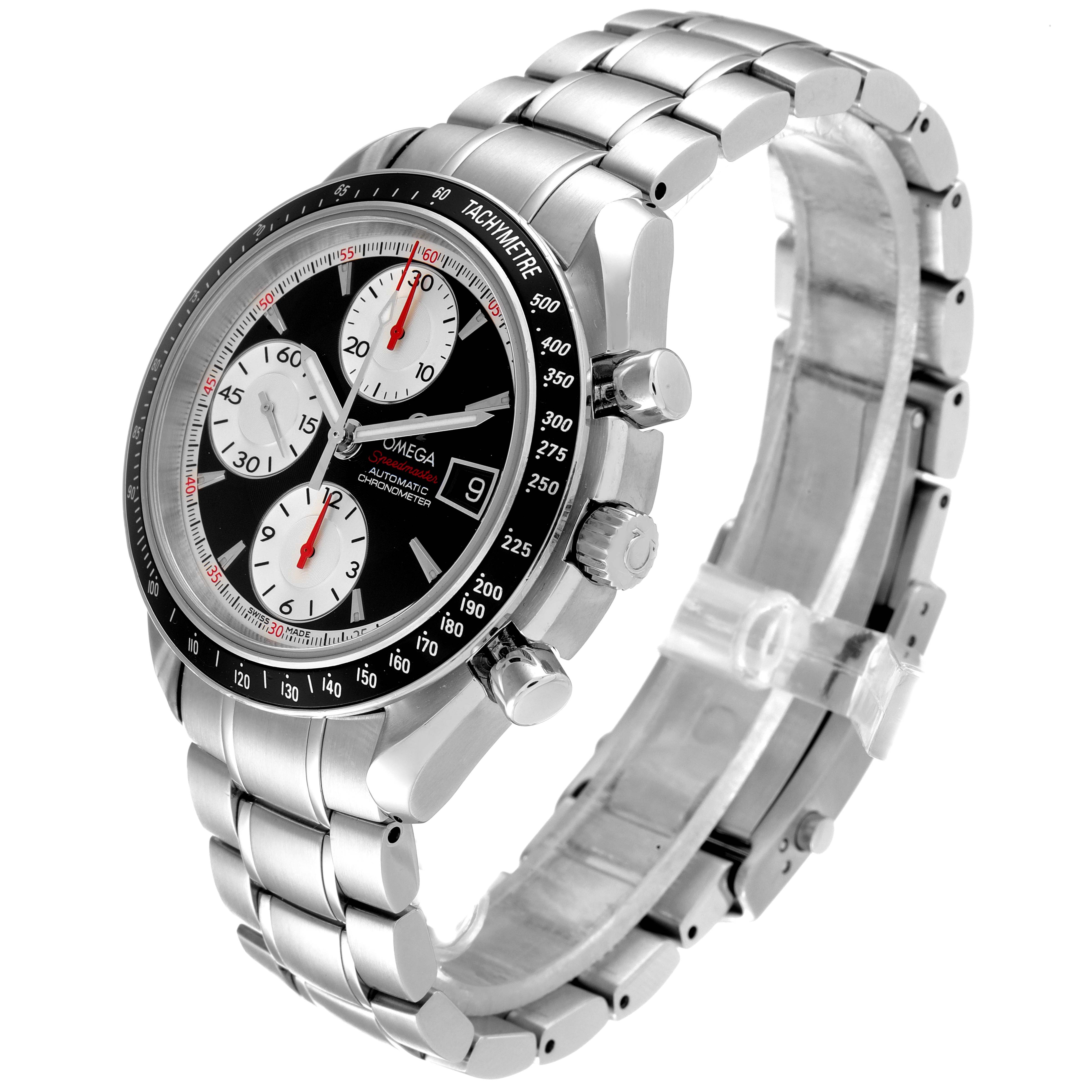 This image shows a side and top view of the Omega Speedmaster 3210.51.00 Men
s Stainless Steel Black Dial 3210.51.00 Men
s Stainless Steel Black Dial watch, highlighting the dial, bezel, chronograph buttons, and stainless steel bracelet.