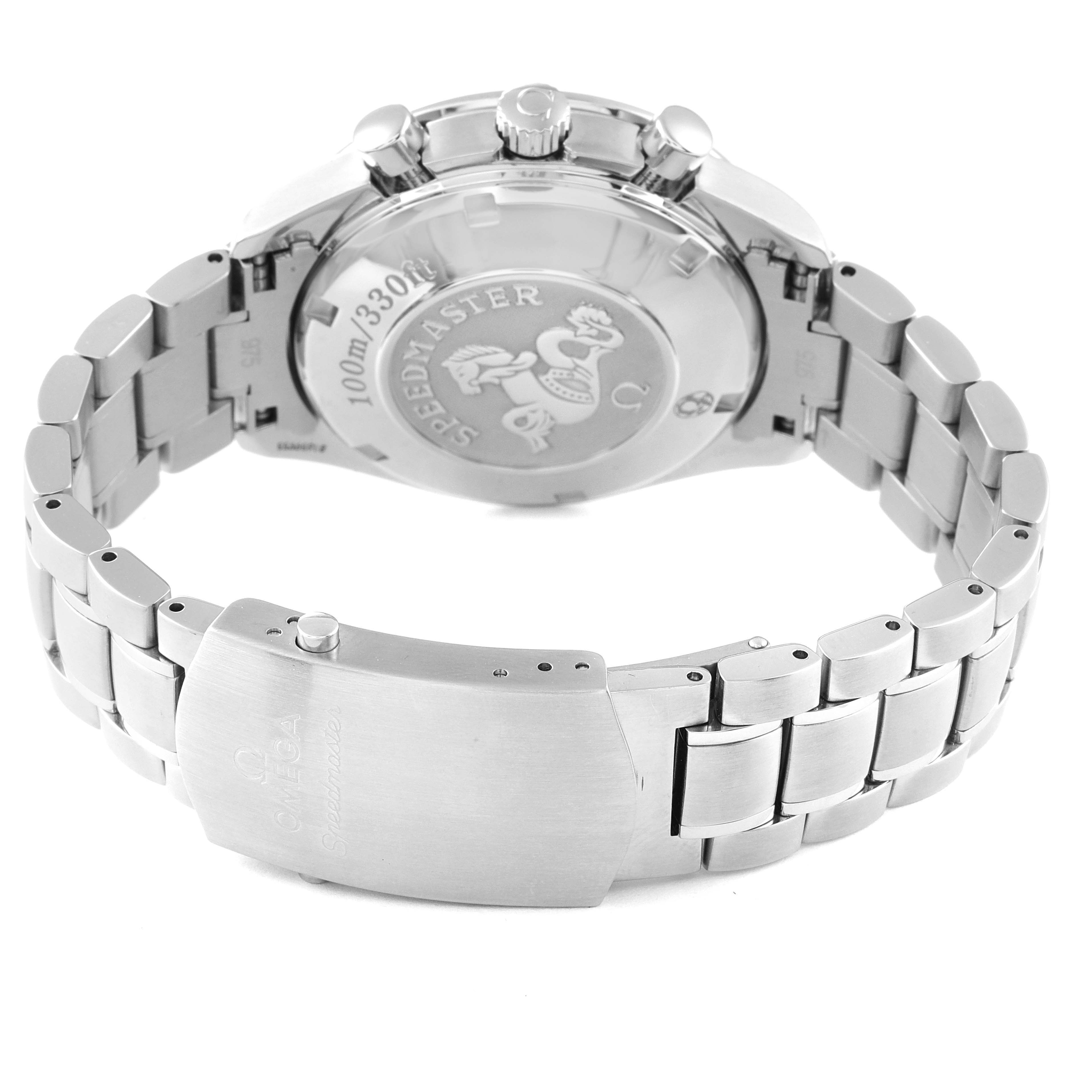 This image shows the back view of an Omega Speedmaster 3210.51.00 Men
s Stainless Steel Black Dial 3210.51.00 Men
s Stainless Steel Black Dial watch, focusing on the case back and metal bracelet.