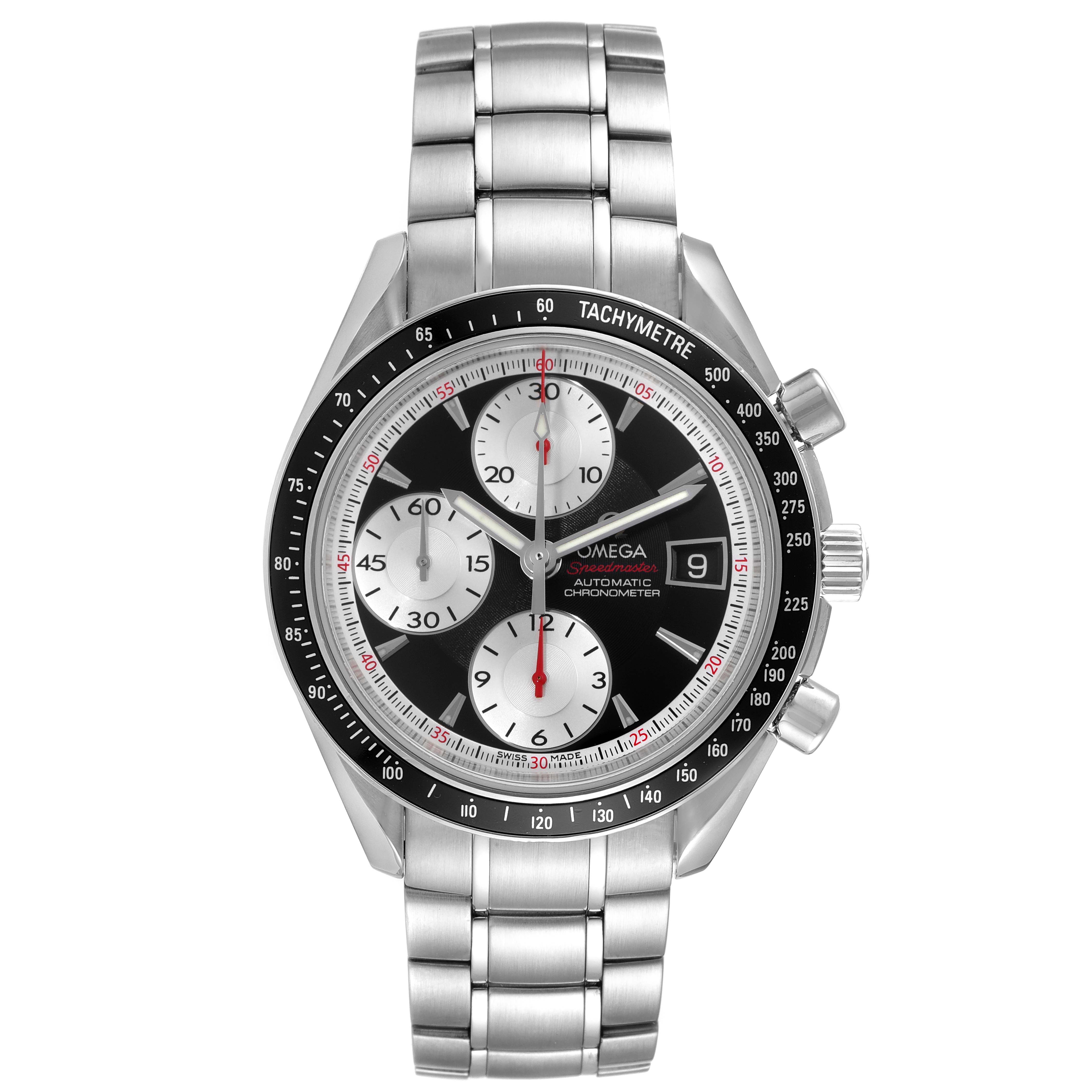 This Omega Speedmaster 3210.51.00 Men
s Stainless Steel Black Dial 3210.51.00 Men
s Stainless Steel Black Dial watch is shown from a front angle, displaying its face, bezel, case, pushers, and metal bracelet.