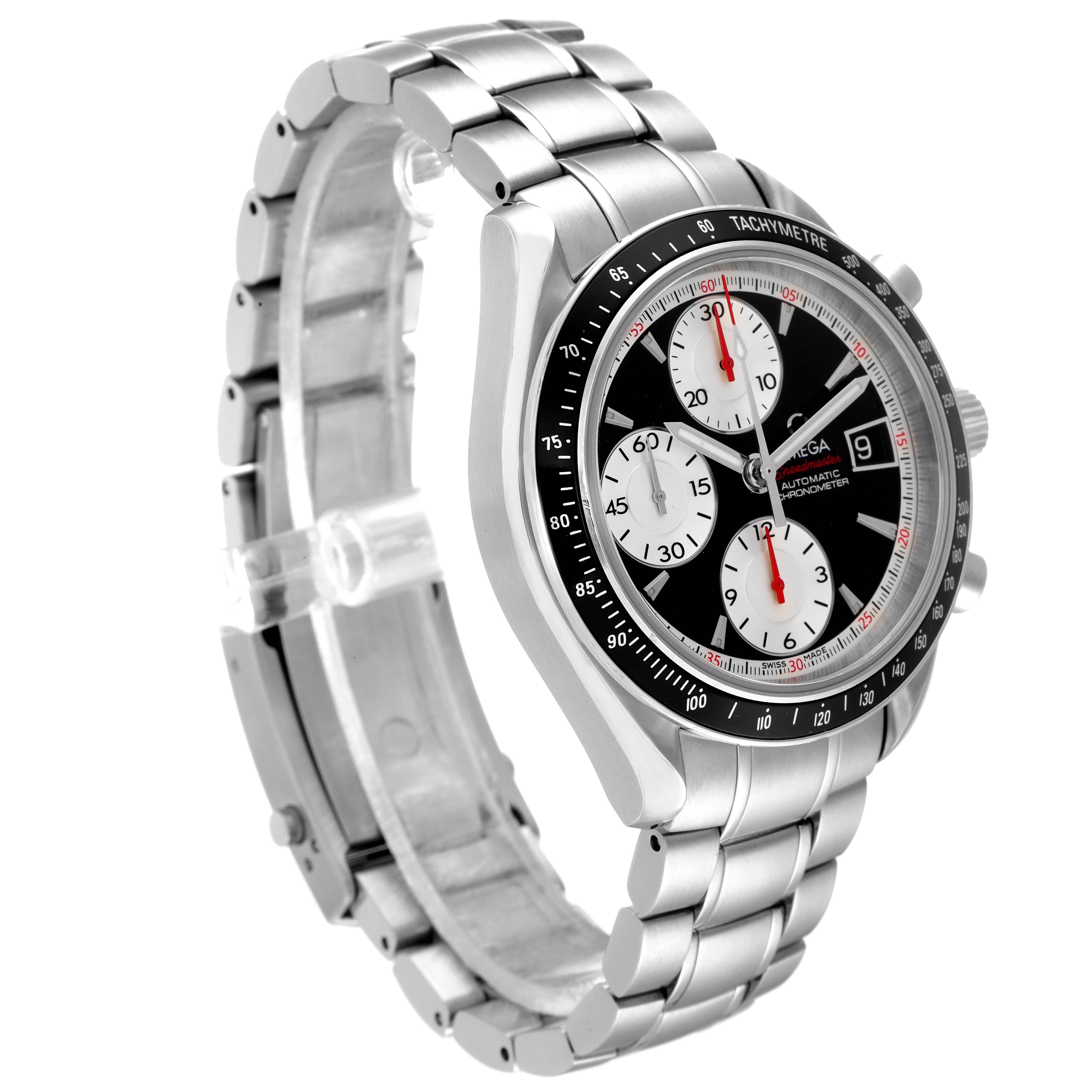 The image shows a side-angle view of an Omega Speedmaster 3210.51.00 Men
s Stainless Steel Black Dial 3210.51.00 Men
s Stainless Steel Black Dial watch, highlighting its face, bezel, and metal bracelet.