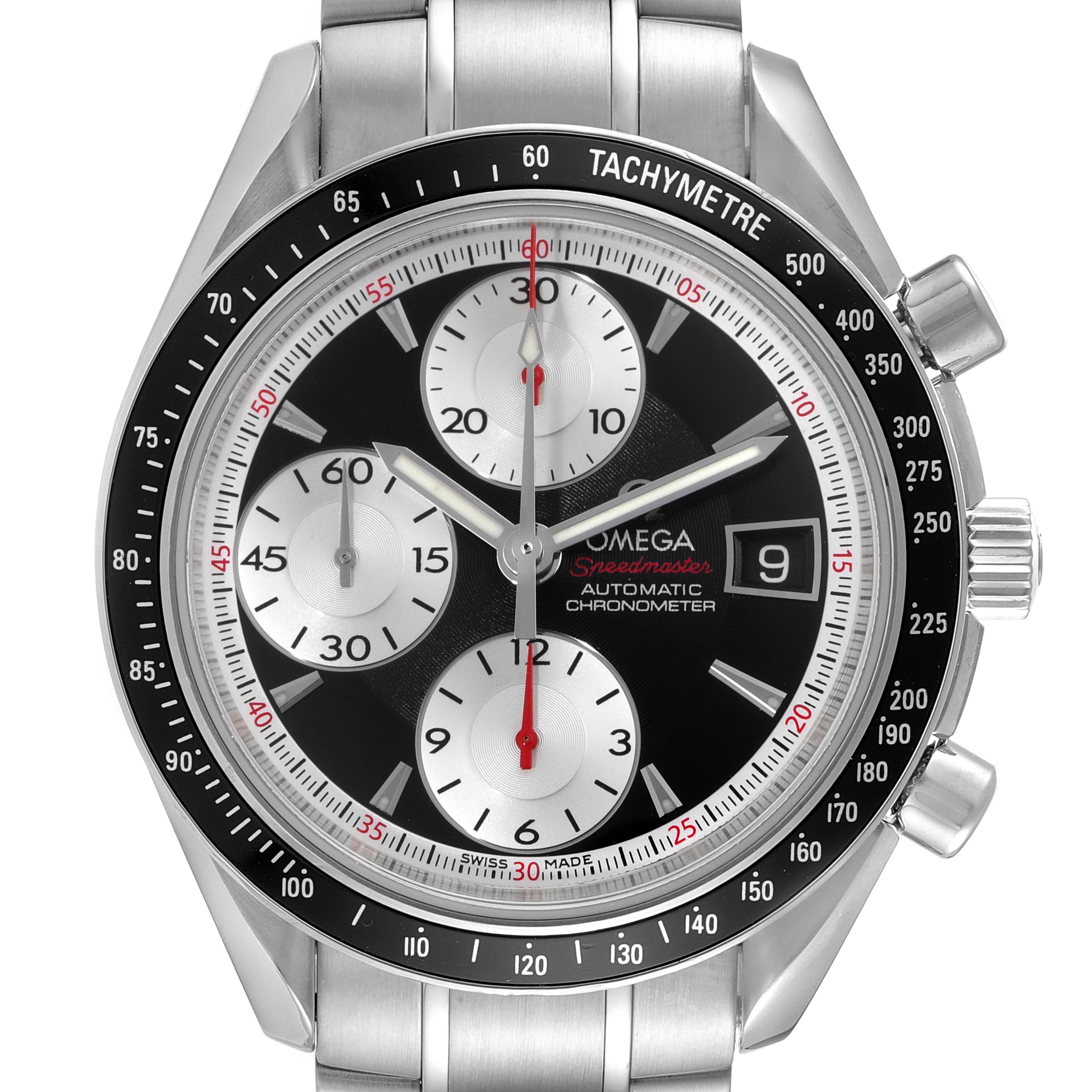 This image shows a frontal view of the Omega Speedmaster 3210.51.00 Men
s Stainless Steel Black Dial 3210.51.00 Men
s Stainless Steel Black Dial watch, highlighting its dial, tachymeter, subdials, and date window.