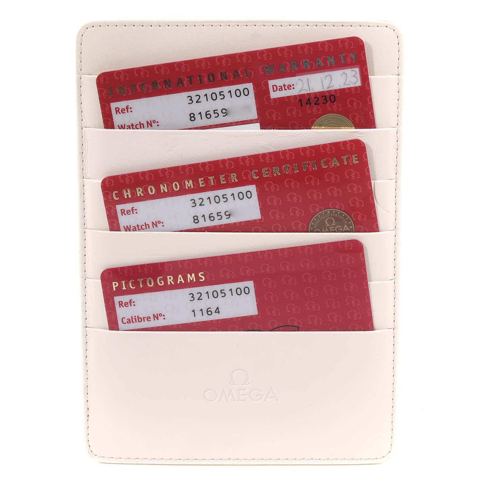 The image shows the warranty, chronometer certificate, and pictograms cards for the Omega Speedmaster 3210.51.00 Men
s Stainless Steel Black Dial 3210.51.00 Men
s Stainless Steel Black Dial watch.