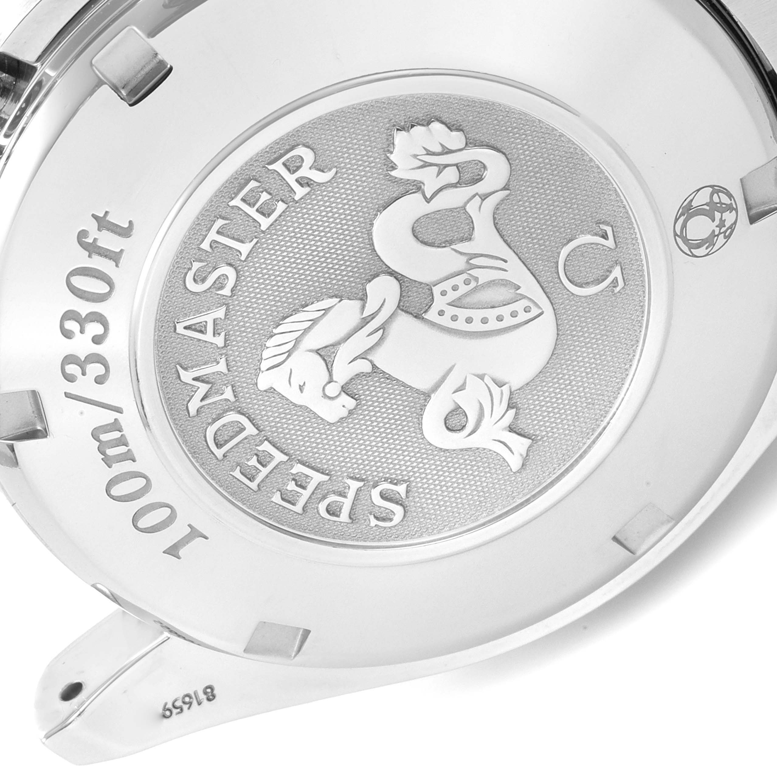 The image shows the back case of an Omega Speedmaster 3210.51.00 Men
s Stainless Steel Black Dial 3210.51.00 Men
s Stainless Steel Black Dial watch, highlighting the engraved seahorse design and depth rating.