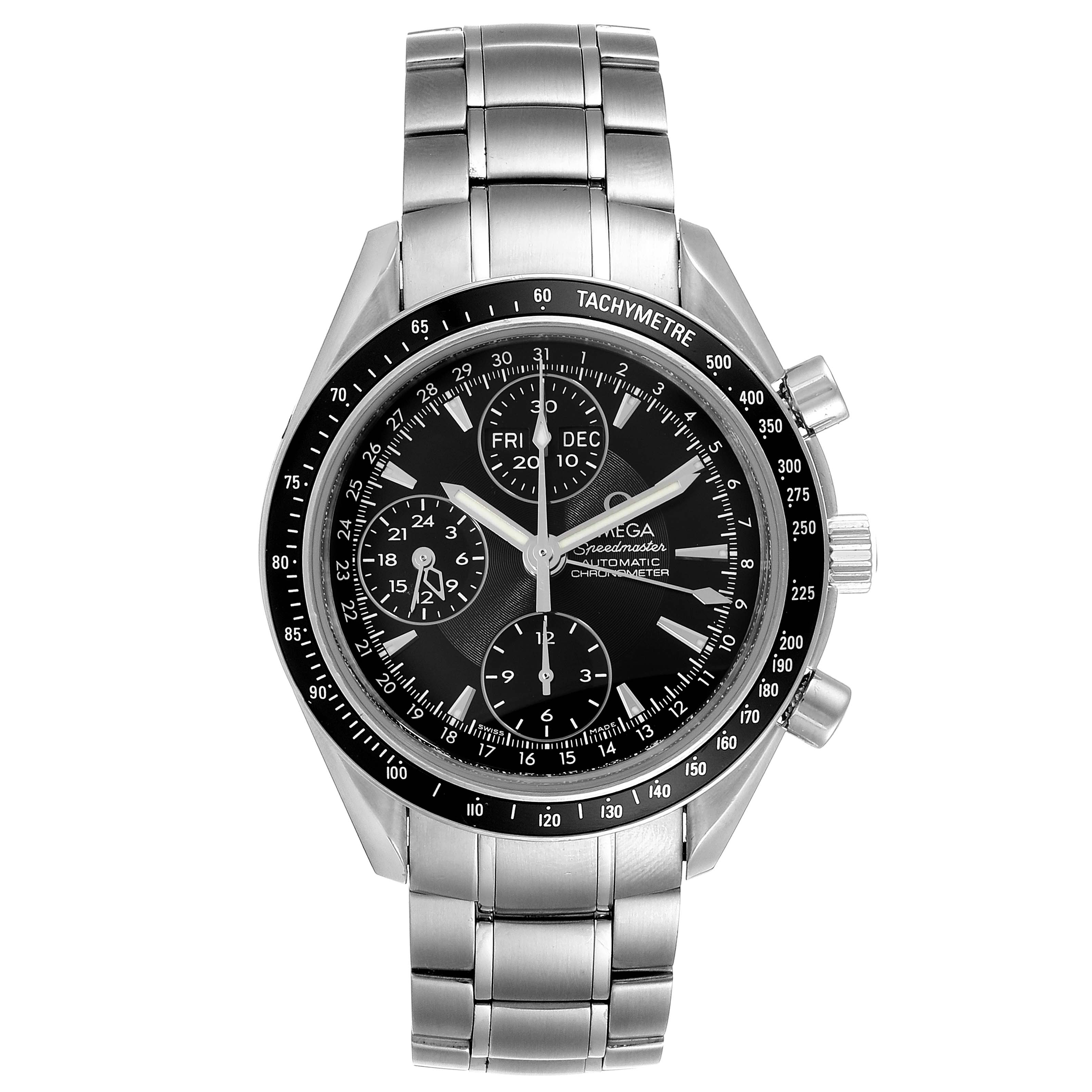 The image shows a front view of an Omega Speedmaster 3220.50.00 Men
s Stainless Steel Black Dial 3220.50.00 Men
s Stainless Steel Black Dial watch, highlighting its dial, tachymeter, and metal bracelet.