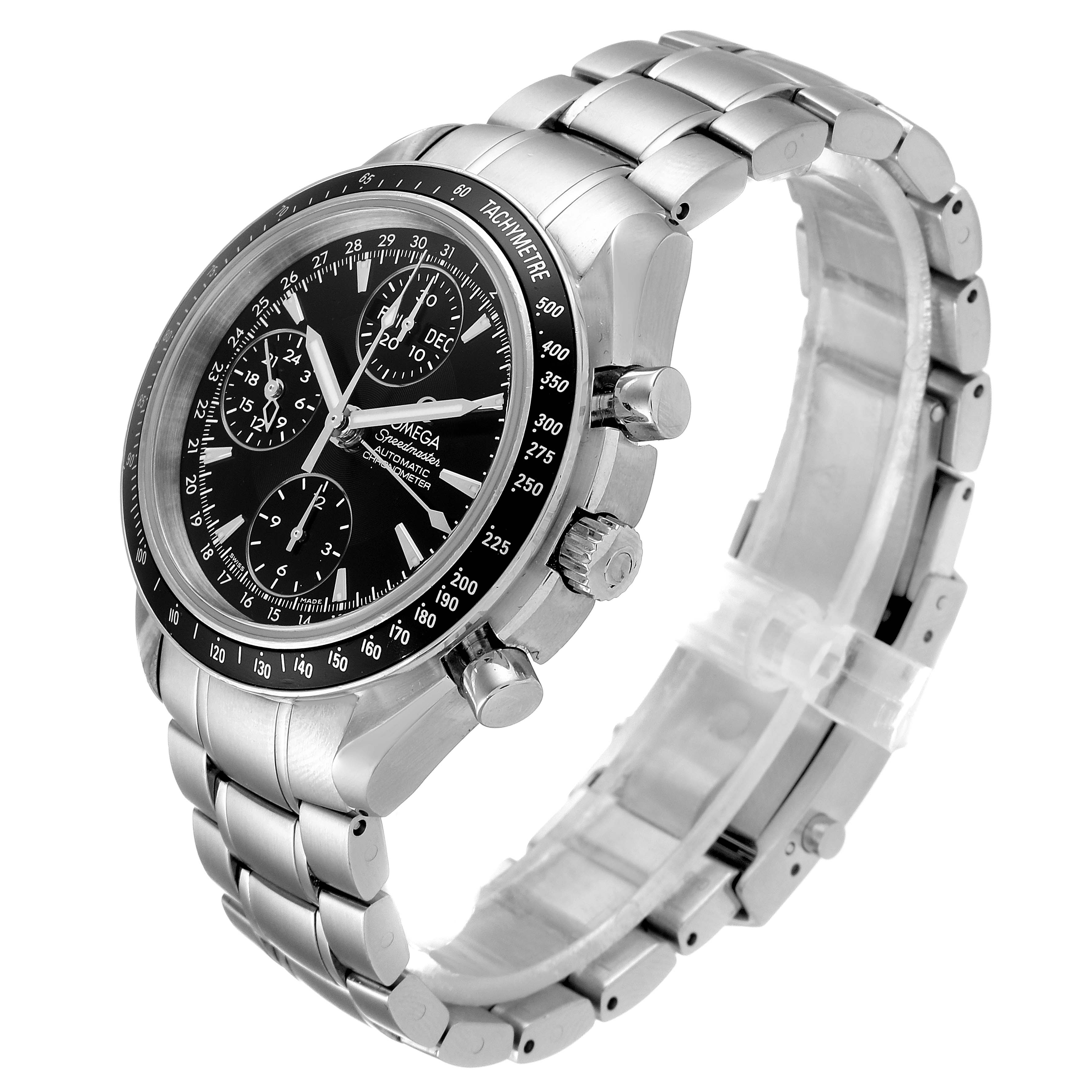 The Omega Speedmaster 3220.50.00 Men
s Stainless Steel Black Dial 3220.50.00 Men
s Stainless Steel Black Dial watch is shown at a three-quarter angle, highlighting the dial, sub-dials, bezel, and bracelet.
