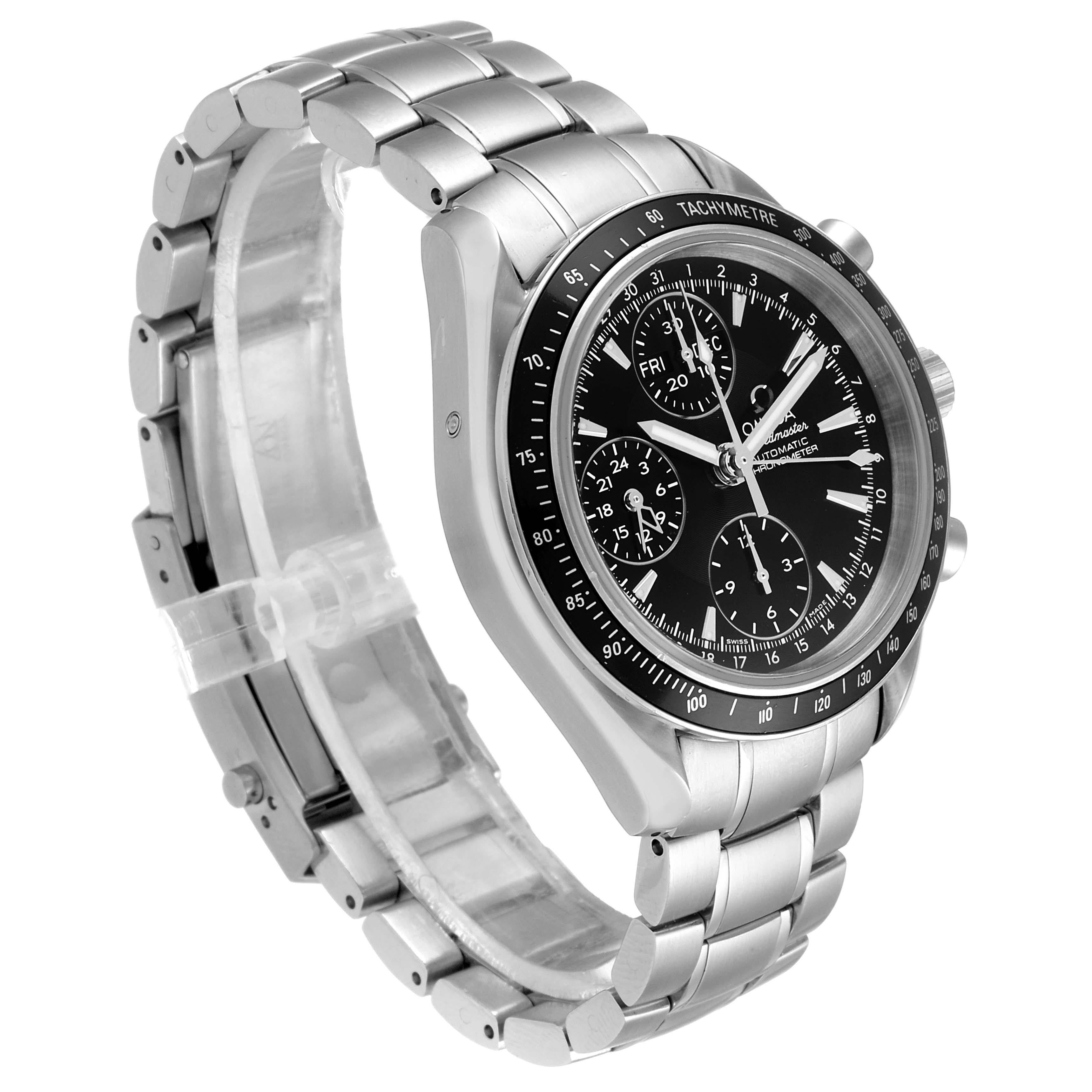 The Omega Speedmaster 3220.50.00 Men
s Stainless Steel Black Dial 3220.50.00 Men
s Stainless Steel Black Dial watch is shown at an angle highlighting its face, tachymetre bezel, and stainless steel bracelet.